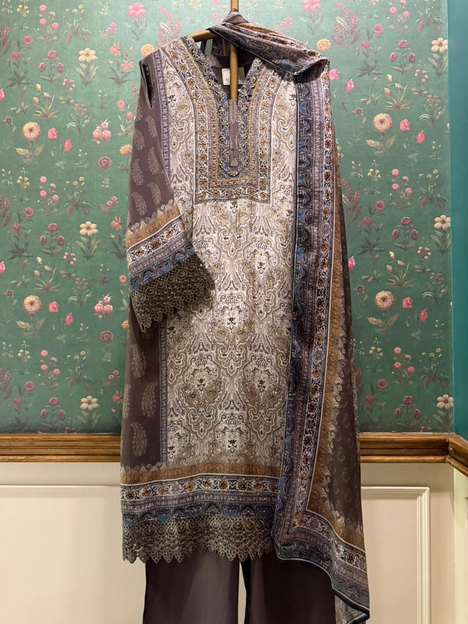 Mocha Brown Pure Crepe Suit Set | HER-633