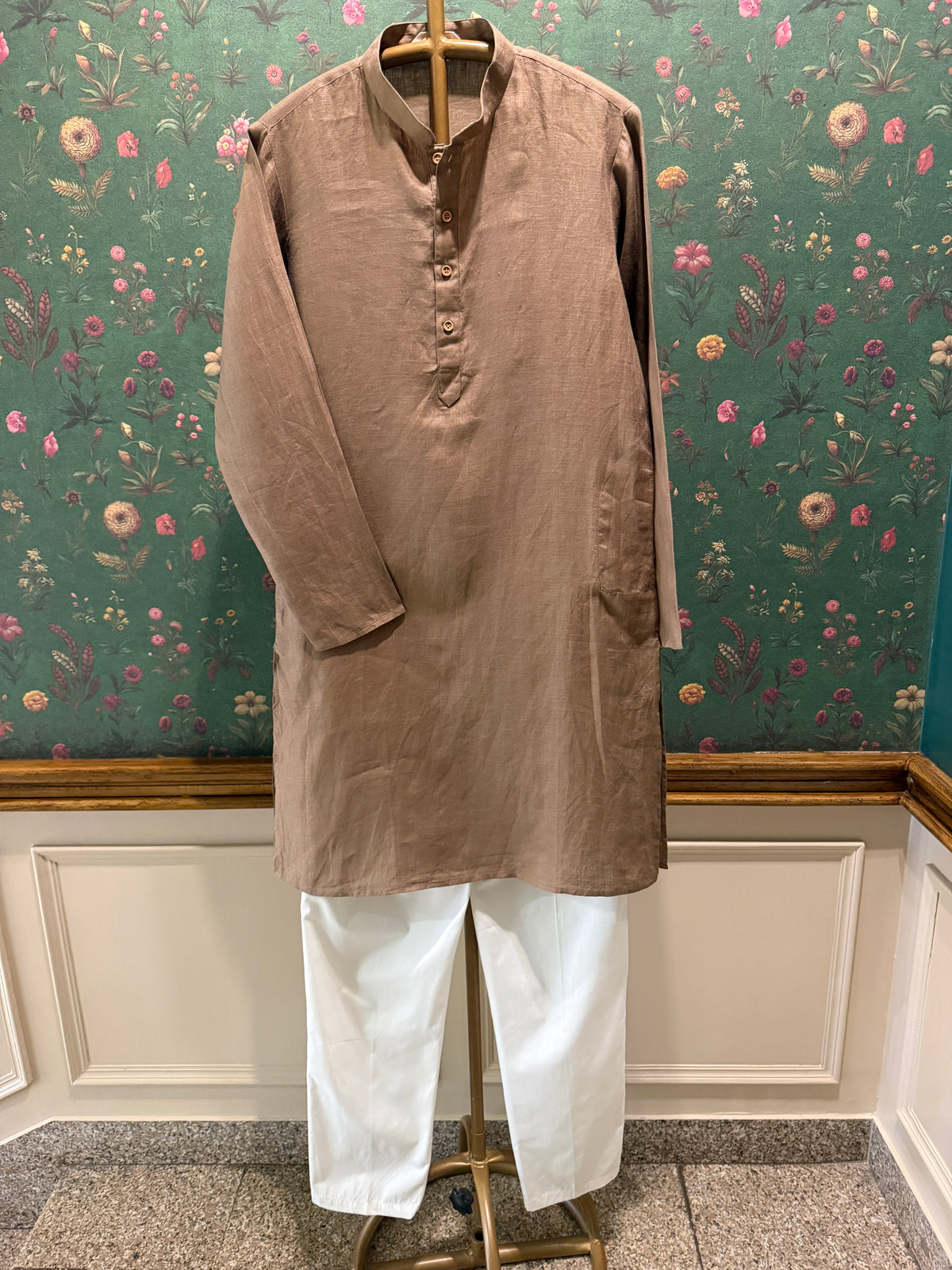 Men’s Pure Linen Kurta Pajama Set - Taupe Brown