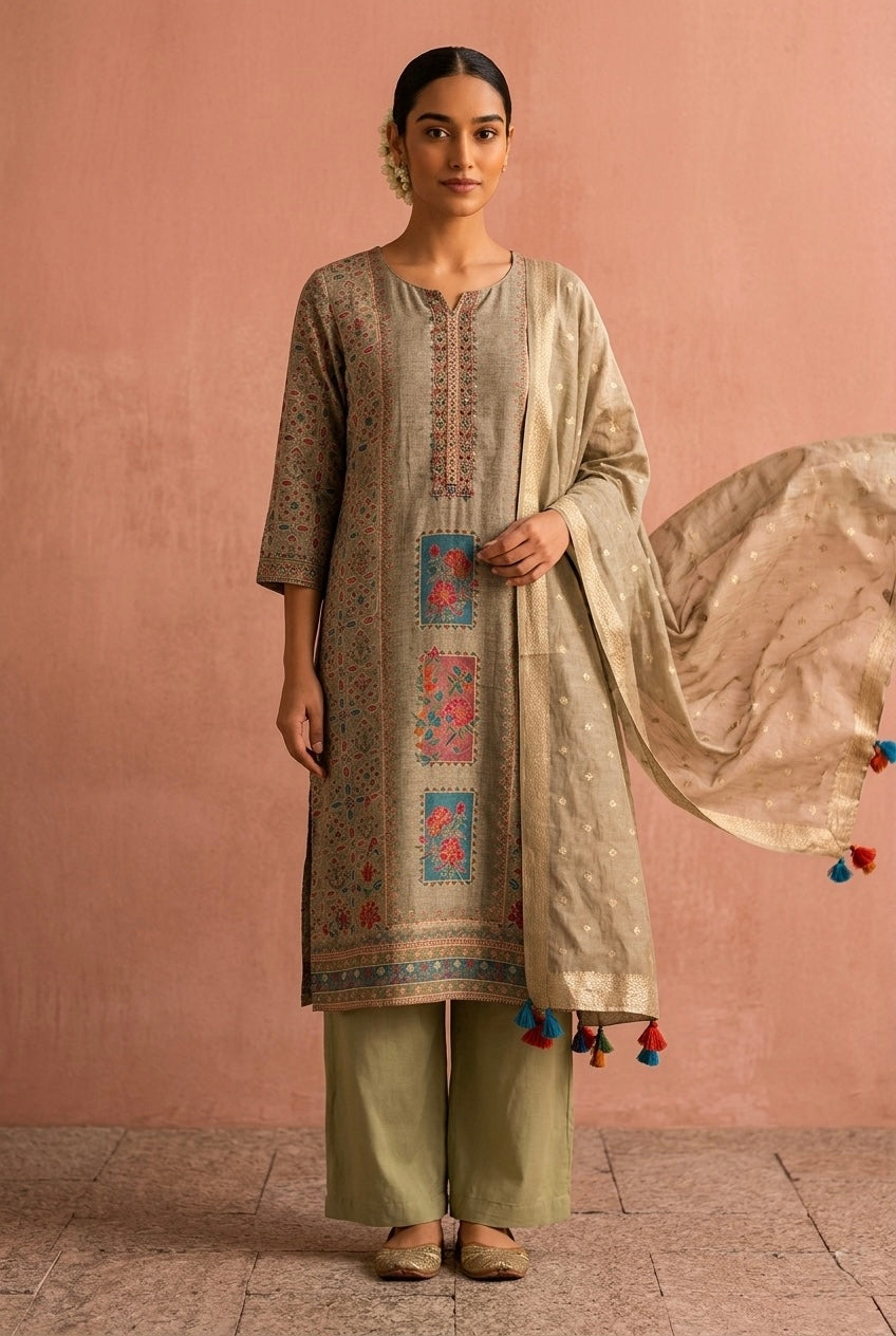 Veda Pista Green Weaved Suit Set | HER-648