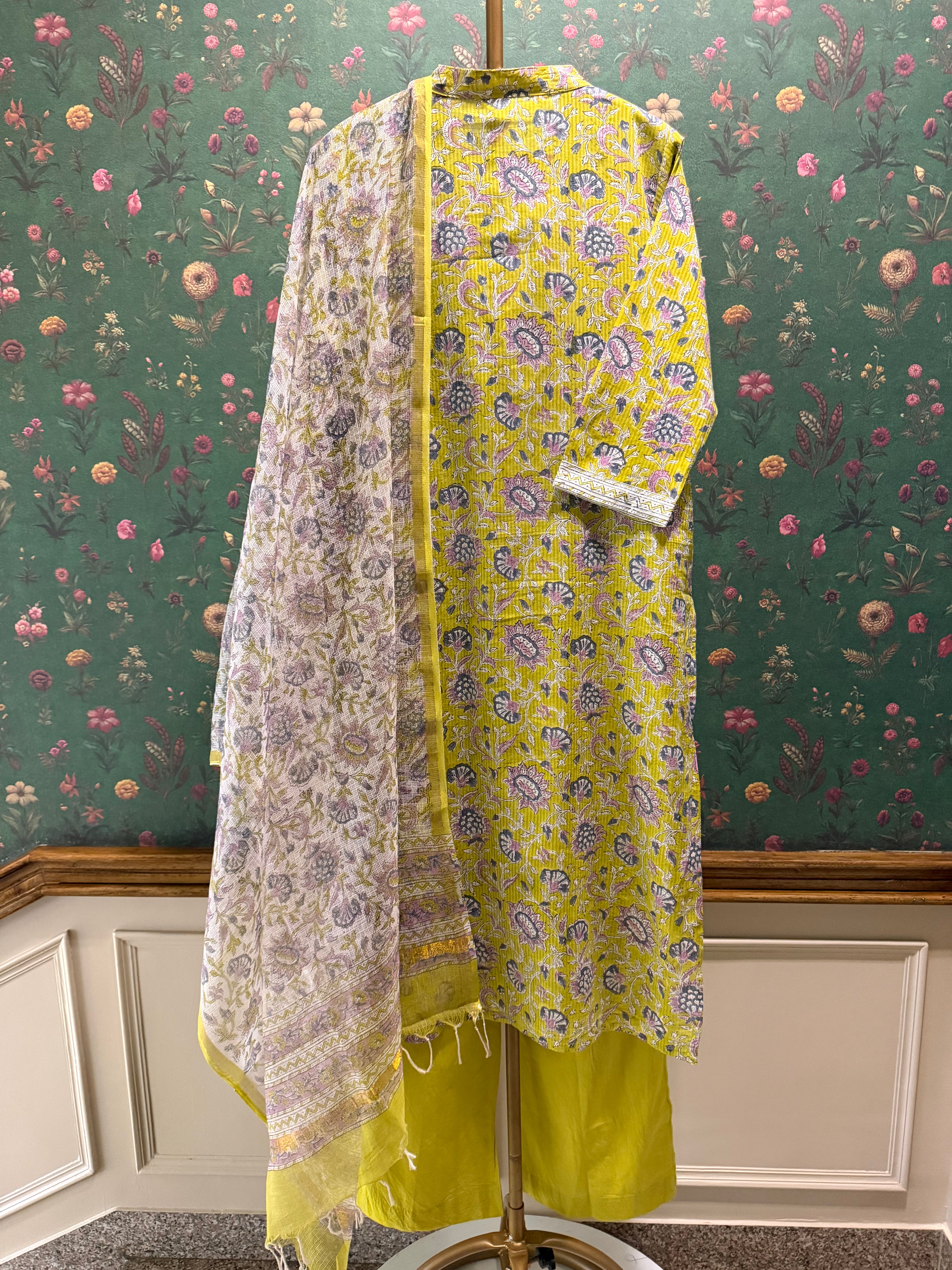 Lime Yellow Floral Printed Suit Set, with Kota Doria Dupatta | HER-752