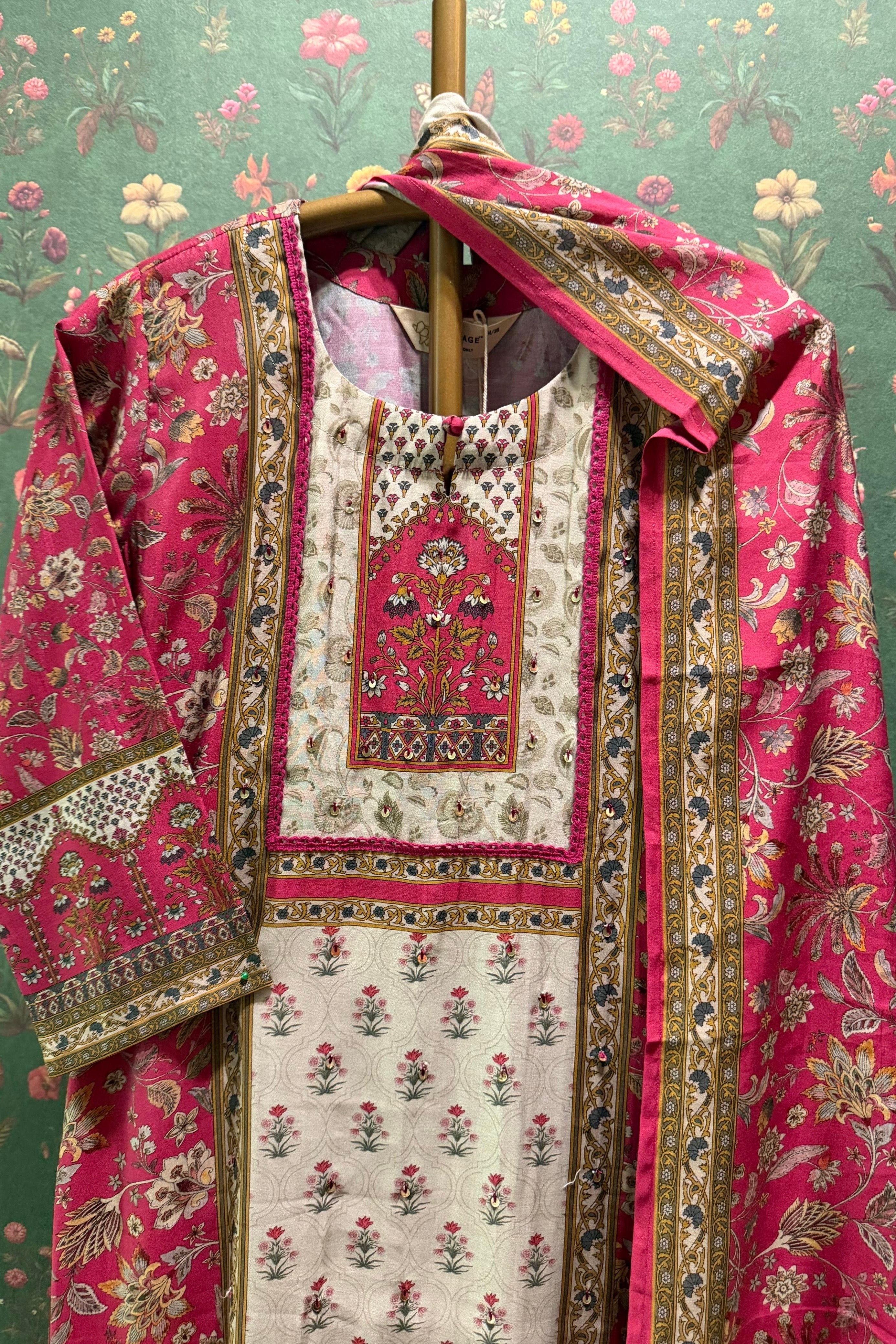 Gulnaar Rose Pink Jaal Printed Suit Set | HER-600