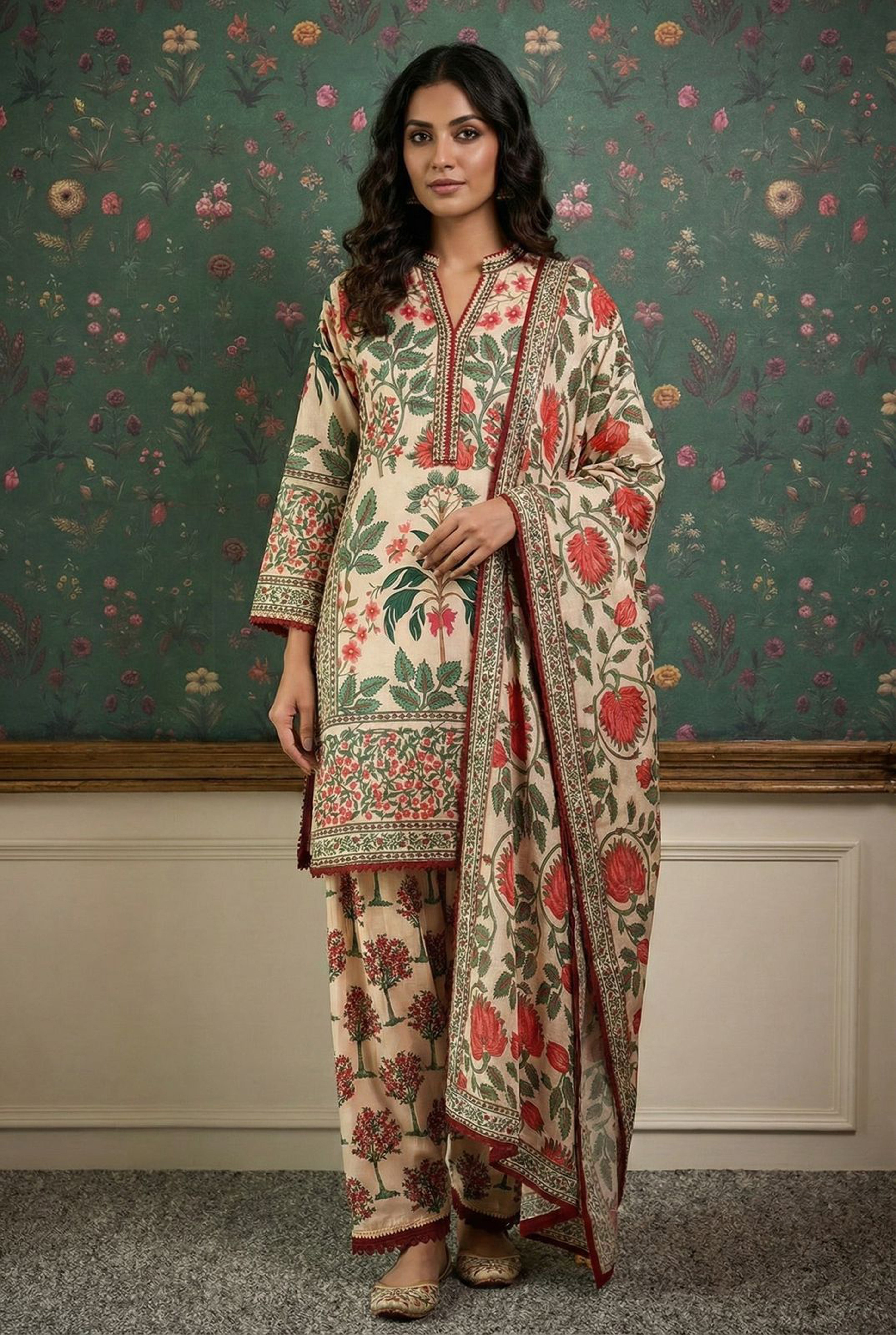 Peach Crimson Botanical Printed Suit Set | HER-613