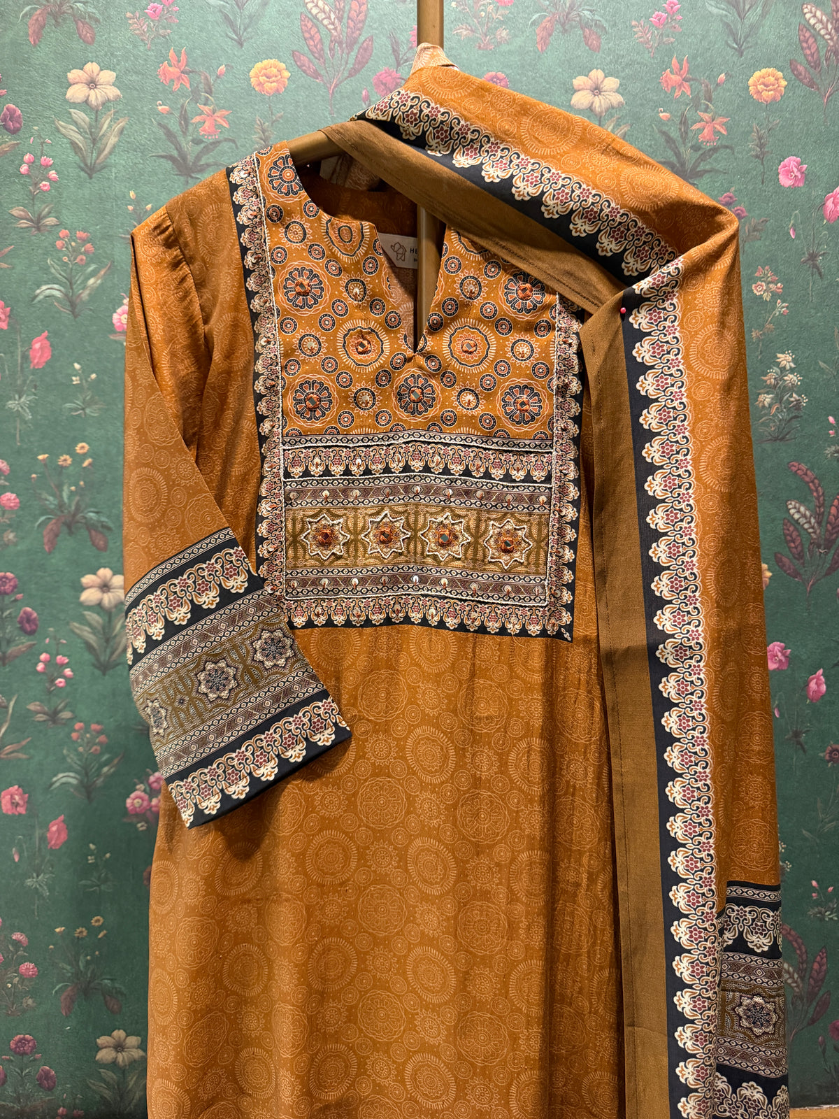 Mustard Brown Printed Muslin Suit Set