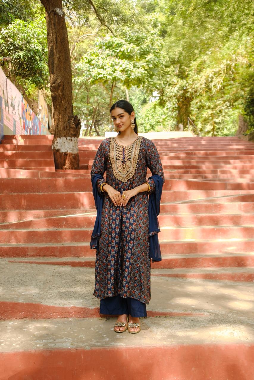 Blue Ajrakh A-Line Chanderi Silk Suit Set | HER-635 x Prachi