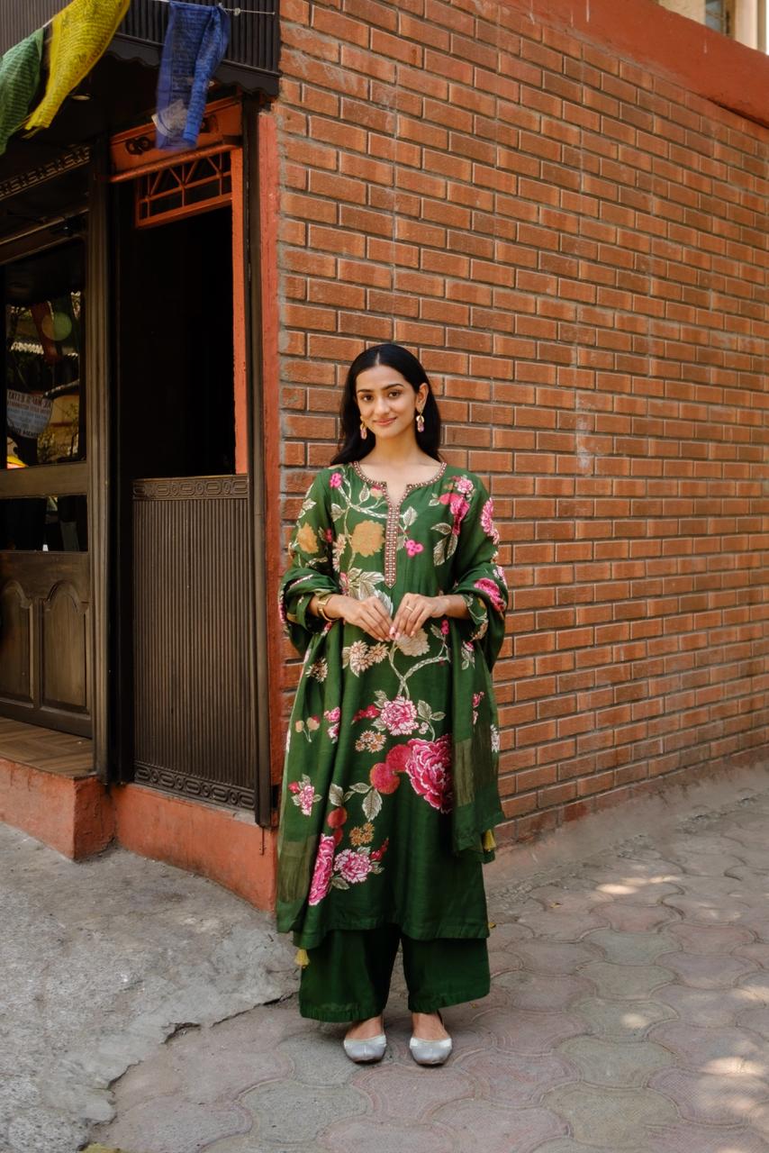 Emerald Green Floral Chanderi Suit Set | HER-605