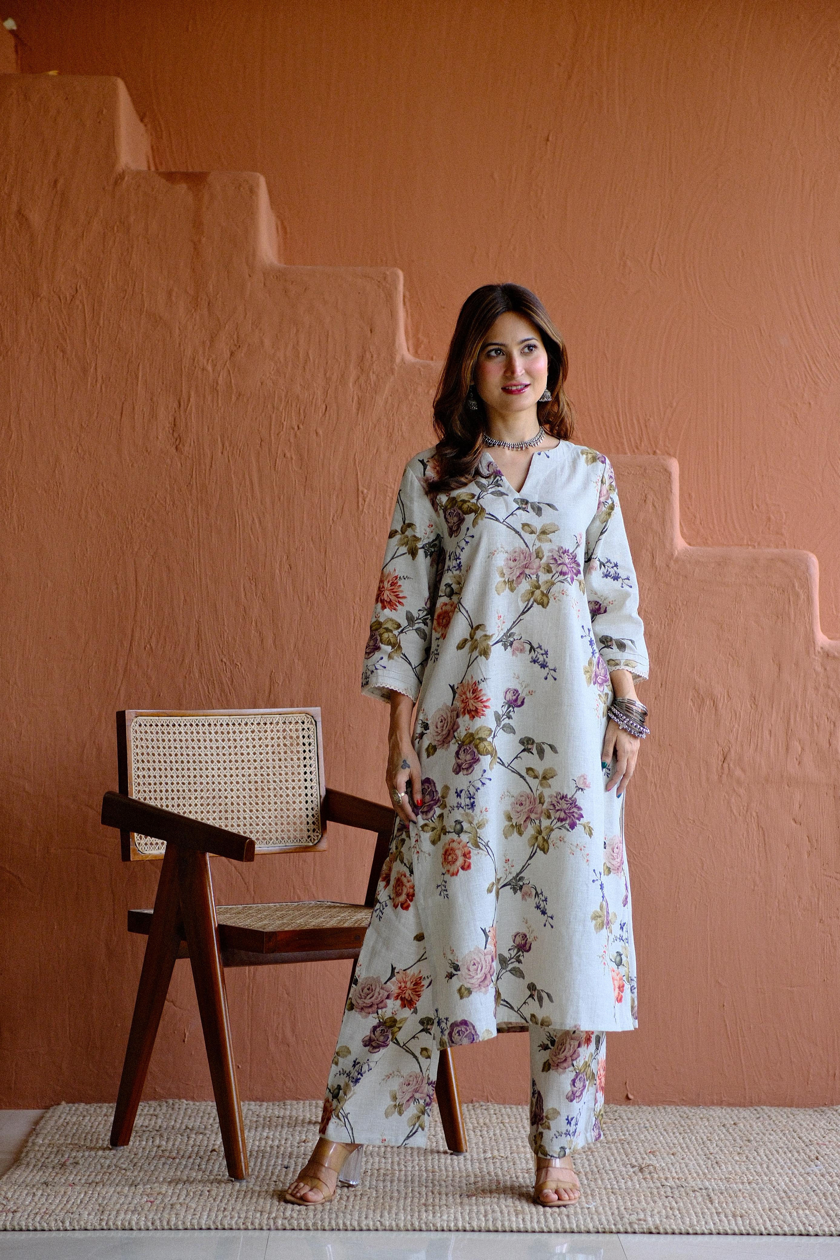 Rosalie Bloom Pure Linen Co-ord/Kurta Set | HER-465