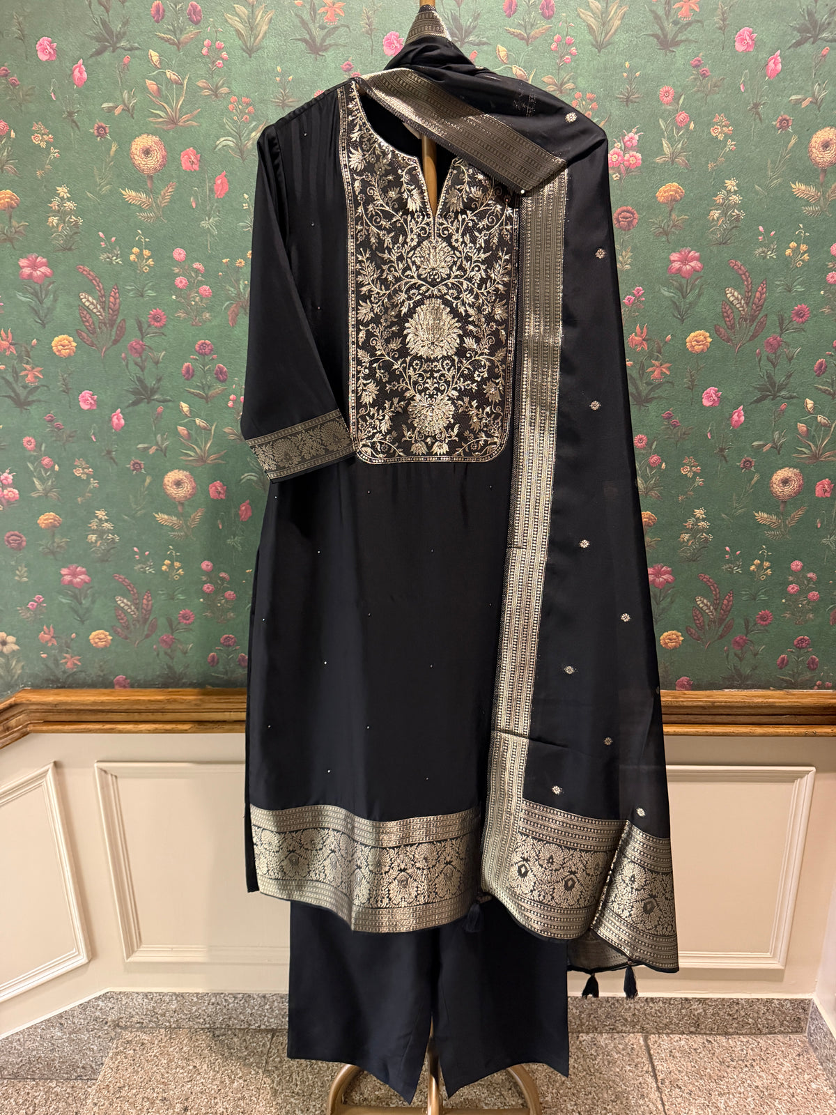 Black Dola Silk Zari Embroidered Suit Set