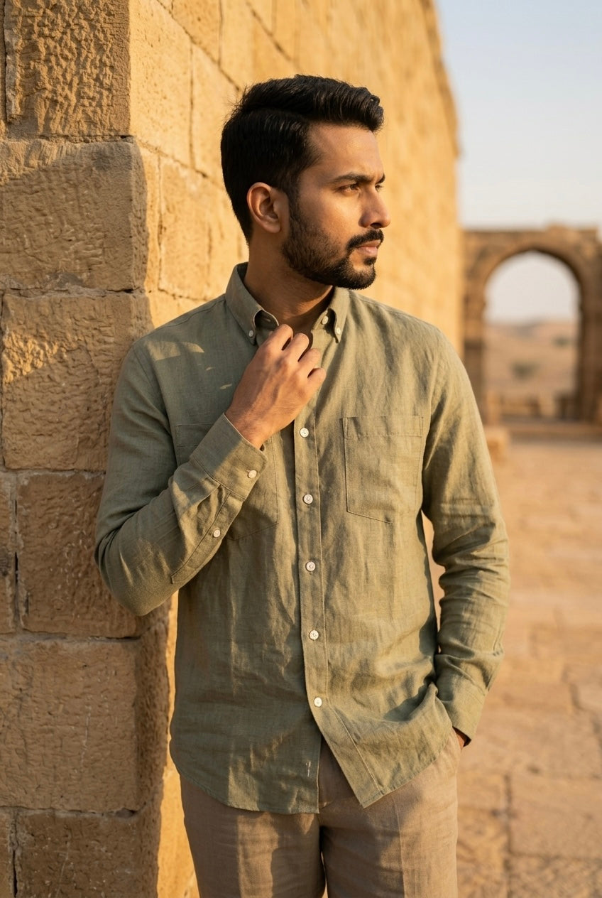Men’s Sage Olive Green Pure Linen Full Sleeves Shirt