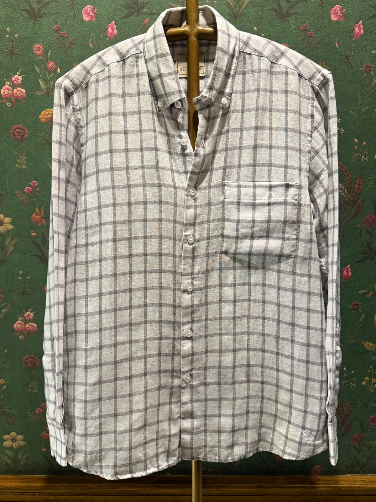 Men’s Ivory Grey Check Pure Linen Full Sleeves Shirt