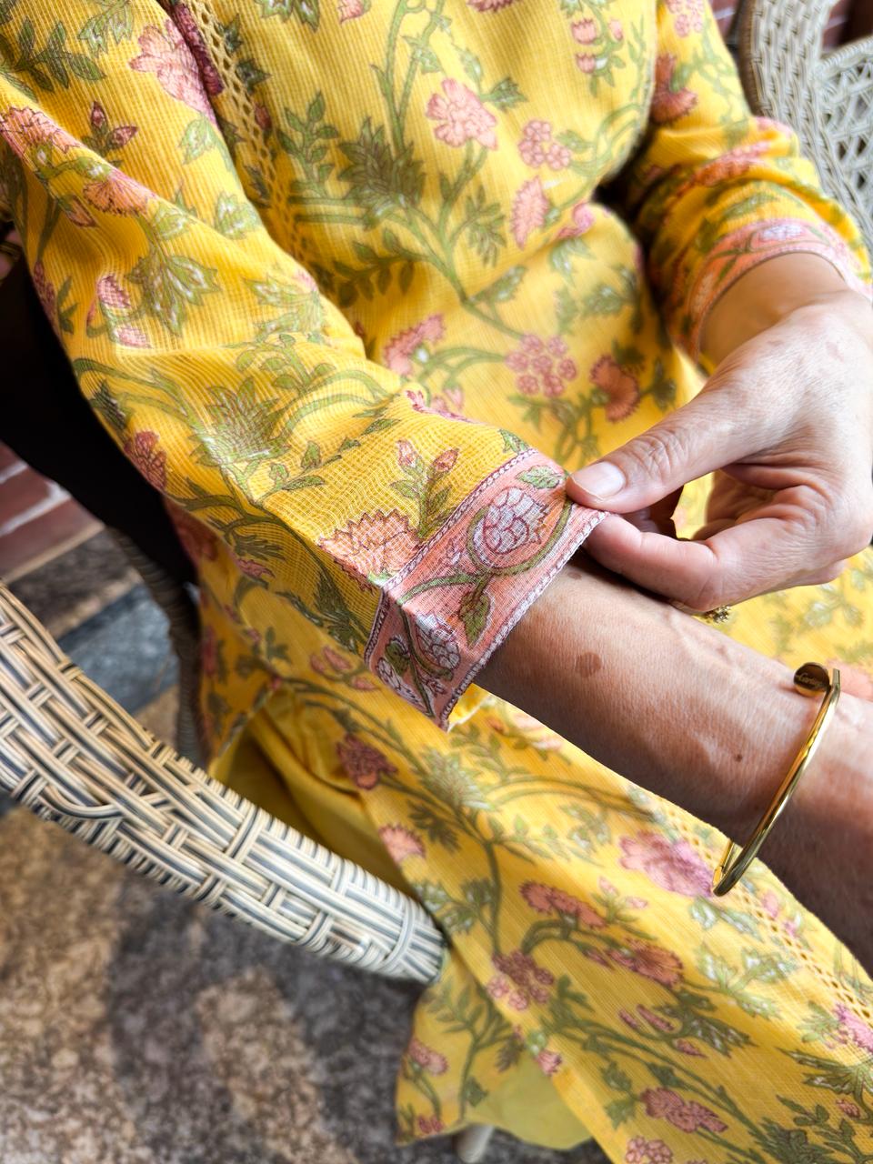 Yellow Floral Printed Suit Set, with Kota Doria Dupatta | HER-756