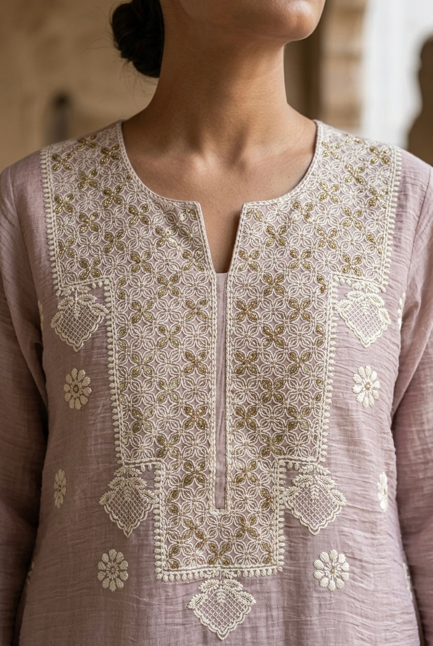 Soft Mauve Mul-Chanderi Kurta/Co-ord Set