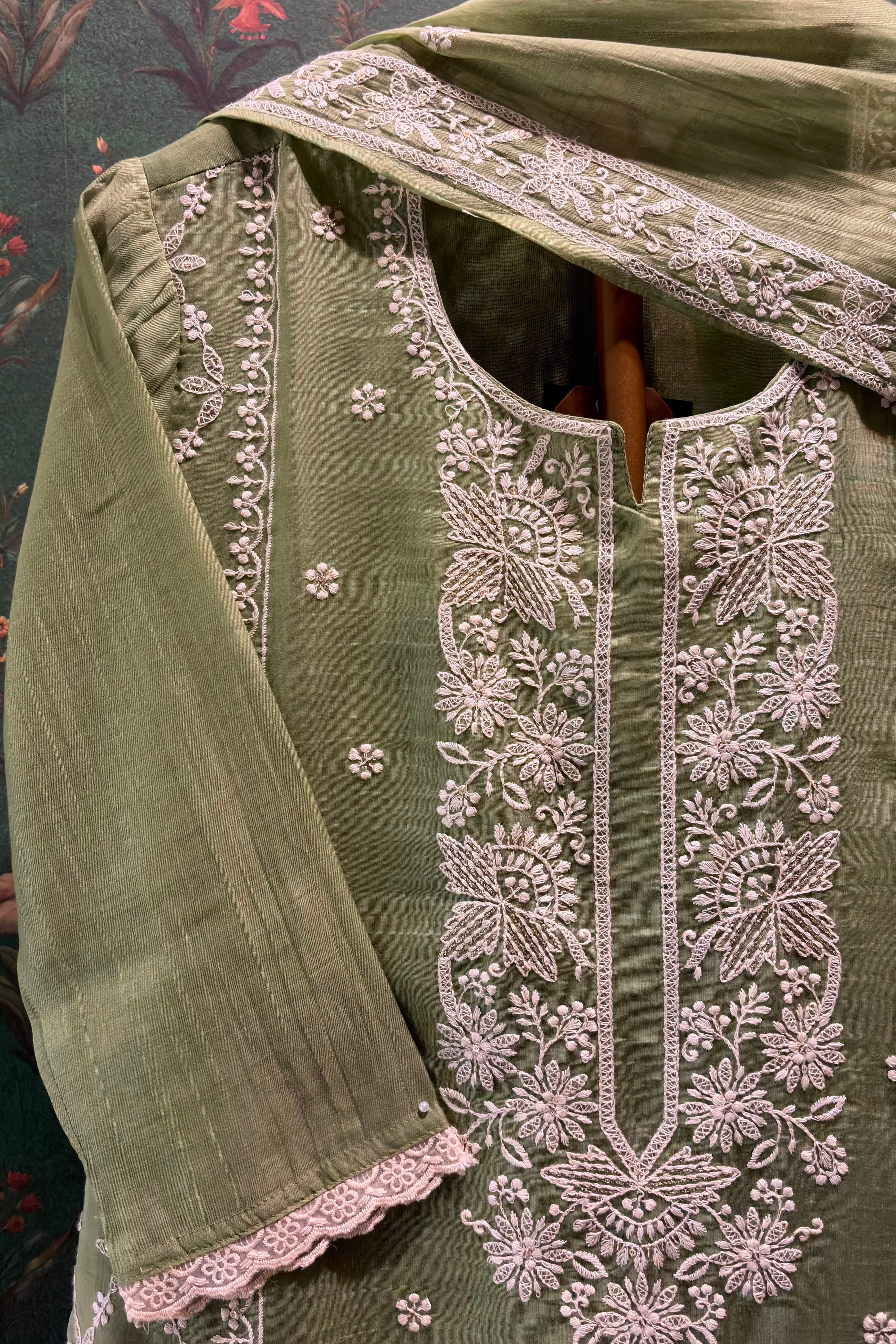 Pistachio Green Embroidered Mul-Chanderi Suit Set