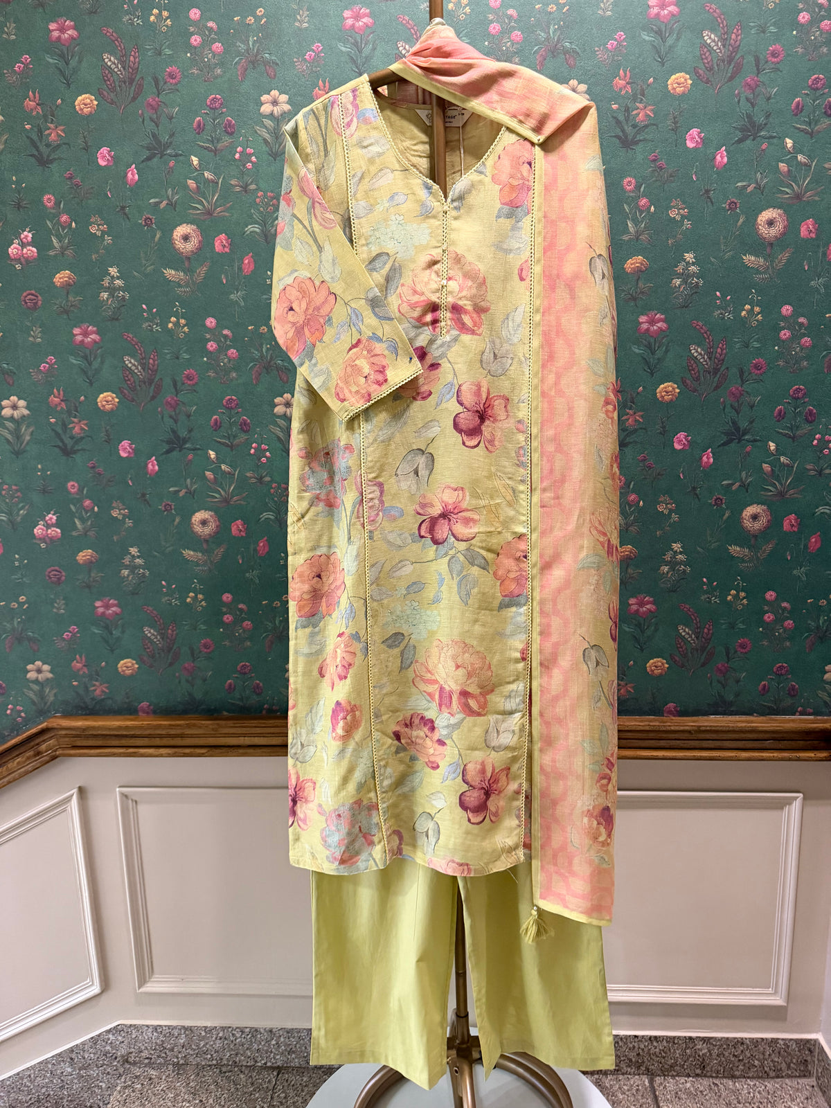 Pastel Lime Floral Printed Linen Cotton Suit Set | HER-768
