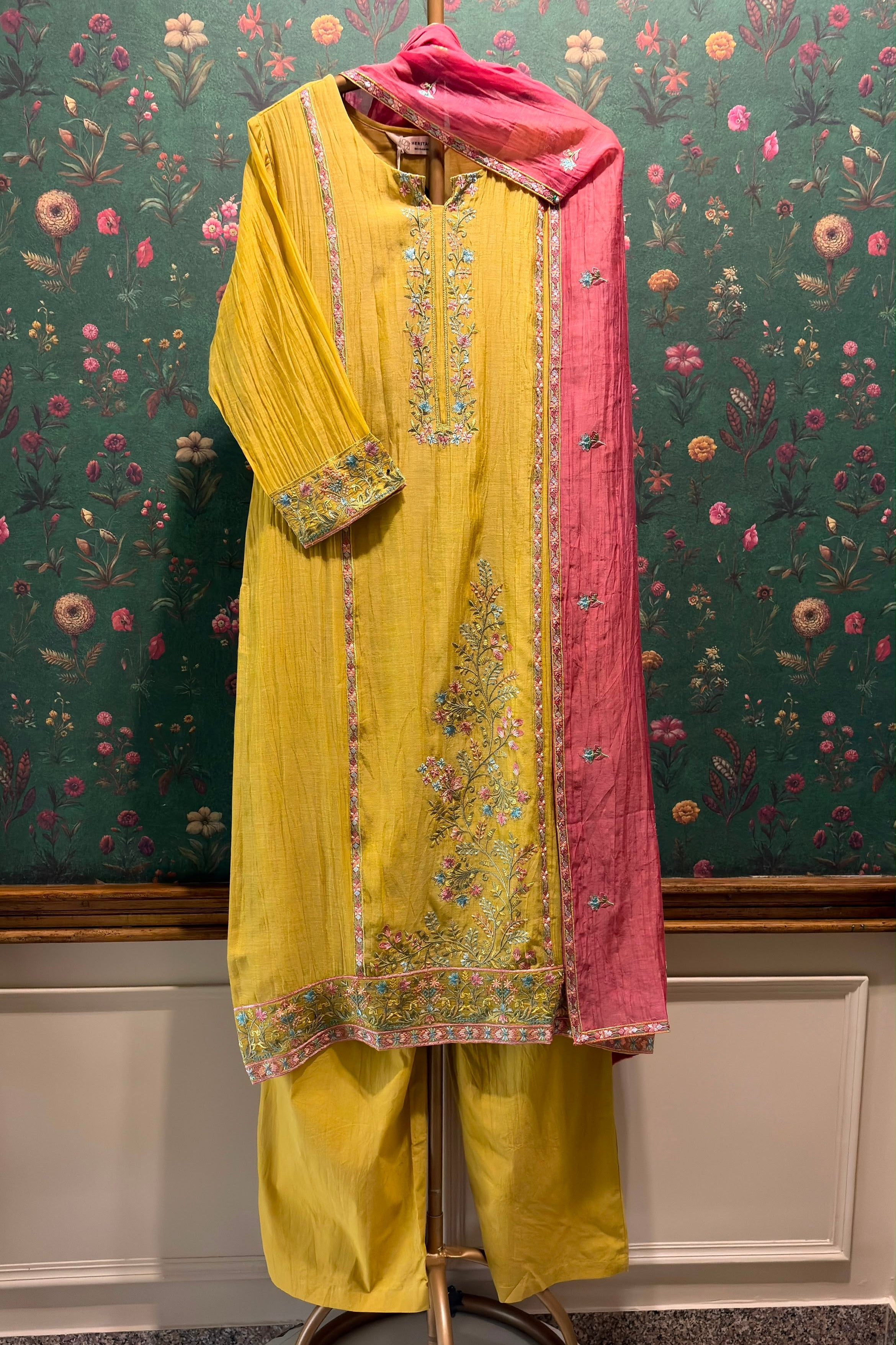 Mustard Yellow Mul-Chanderi Embroidered Suit Set | HER-780