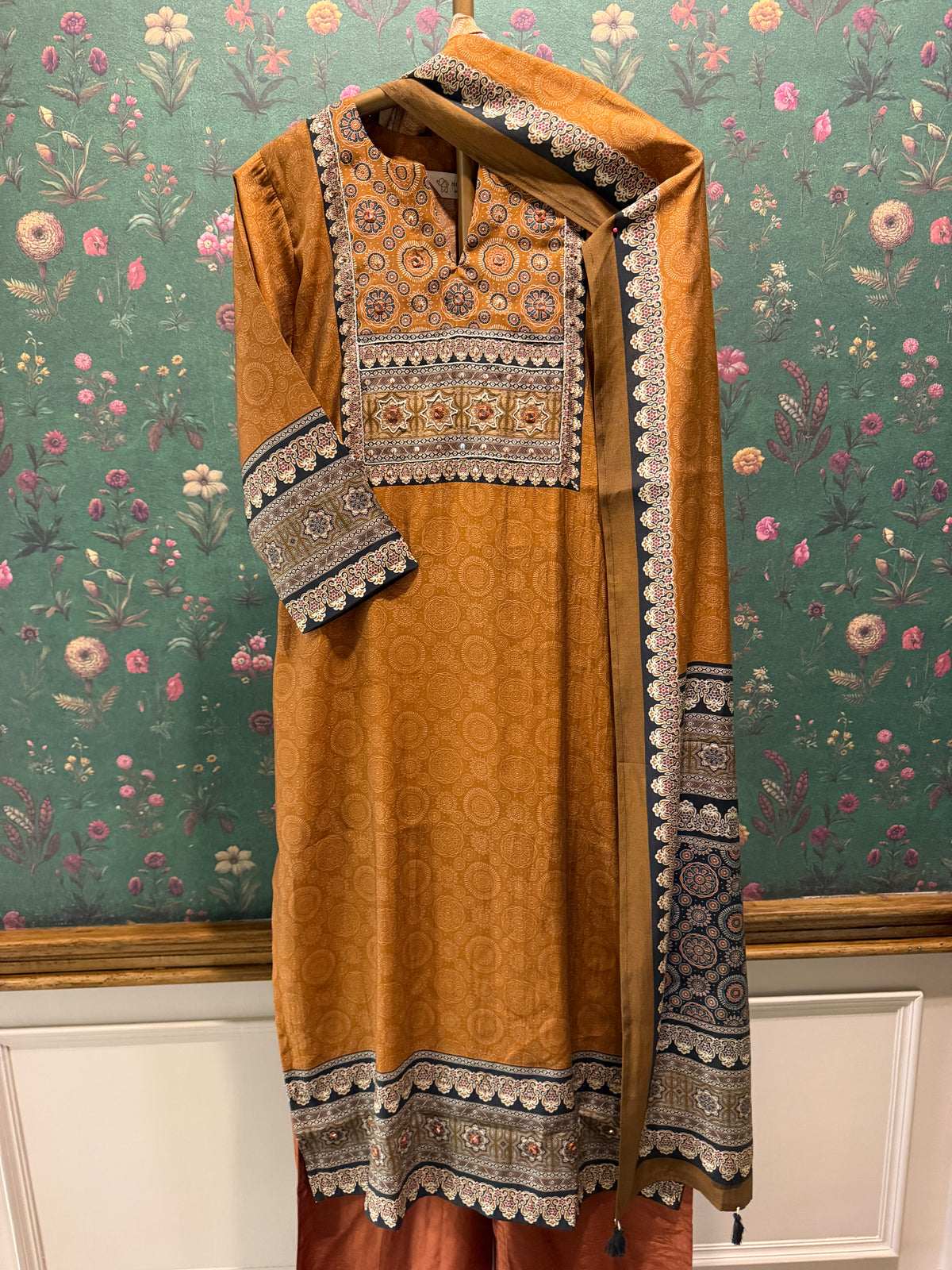Mustard Brown Printed Muslin Suit Set
