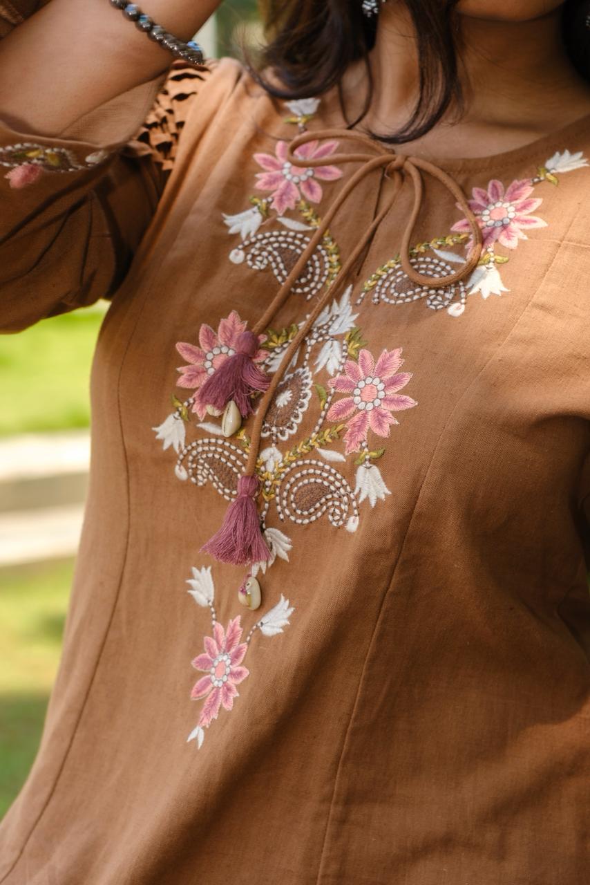 Caramel Brown Embroidered A-Line Kurta Set | HER-723