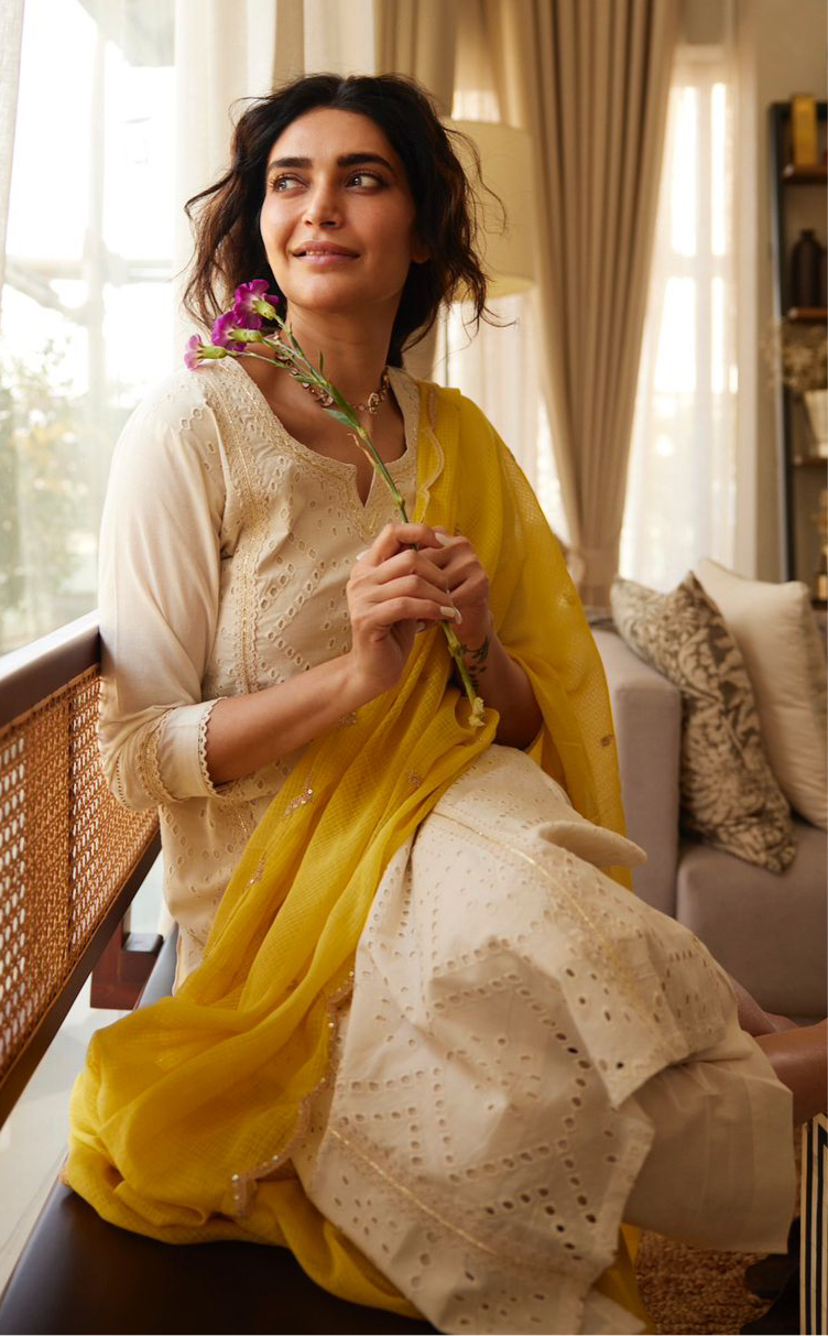 Off-White, Mustard Schiffli Cotton Suit Set | HER-309