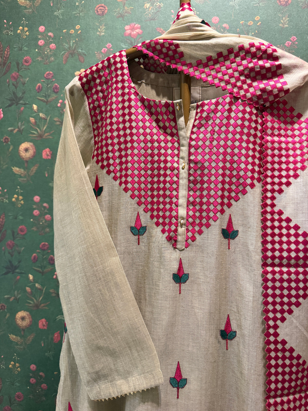 Ivory Beige and Pink Embroidered Pure Chanderi Suit Set