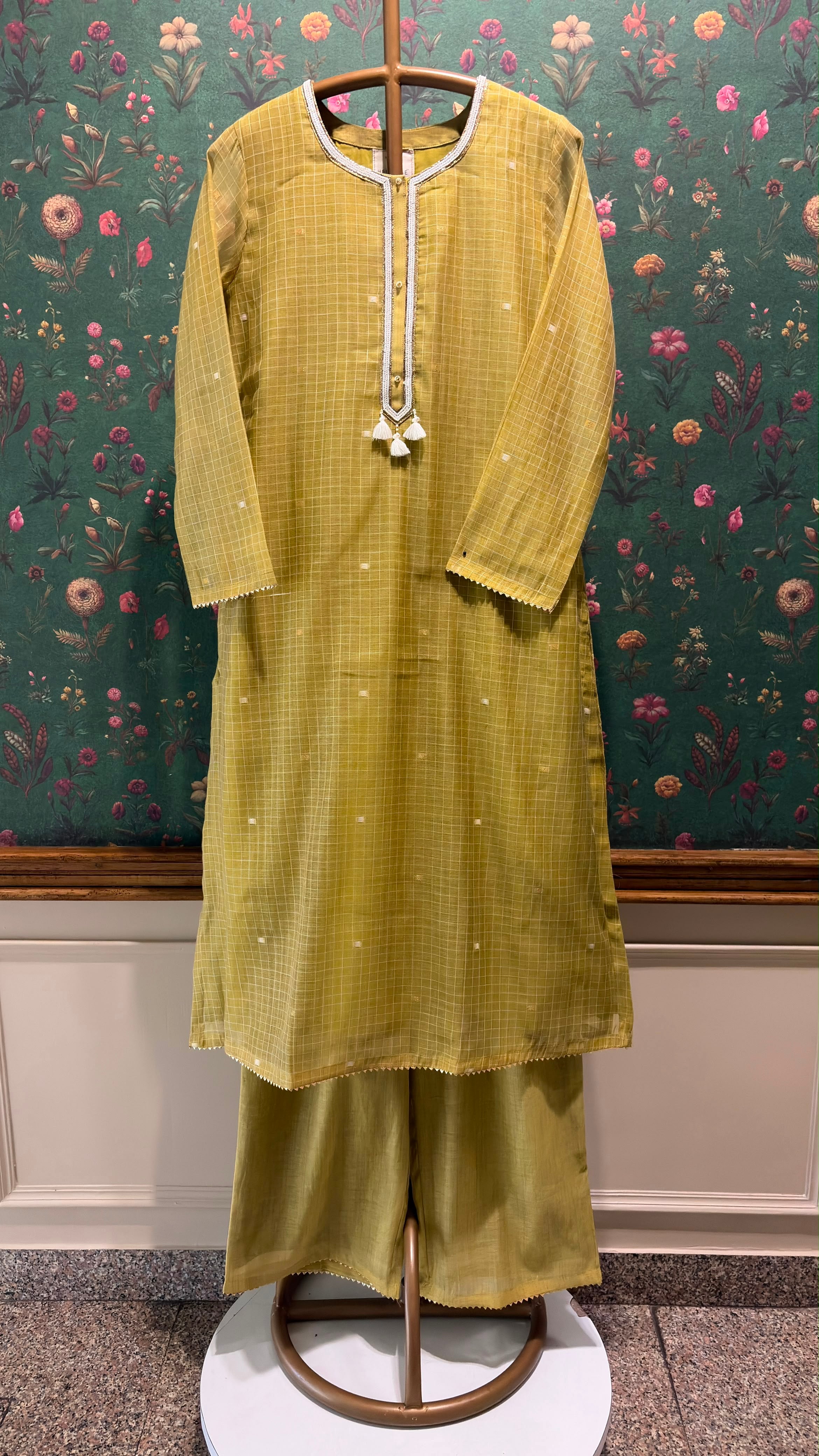 Olive Mustard Handwoven Check Pure Chanderi Suit Set