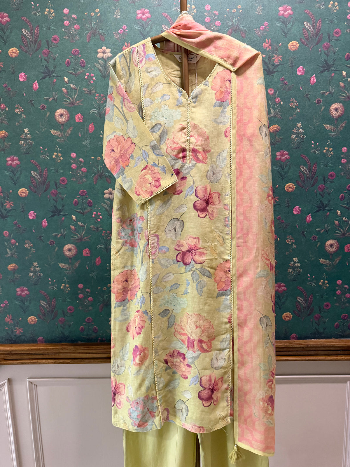 Pastel Lime Floral Printed Linen Cotton Suit Set | HER-768