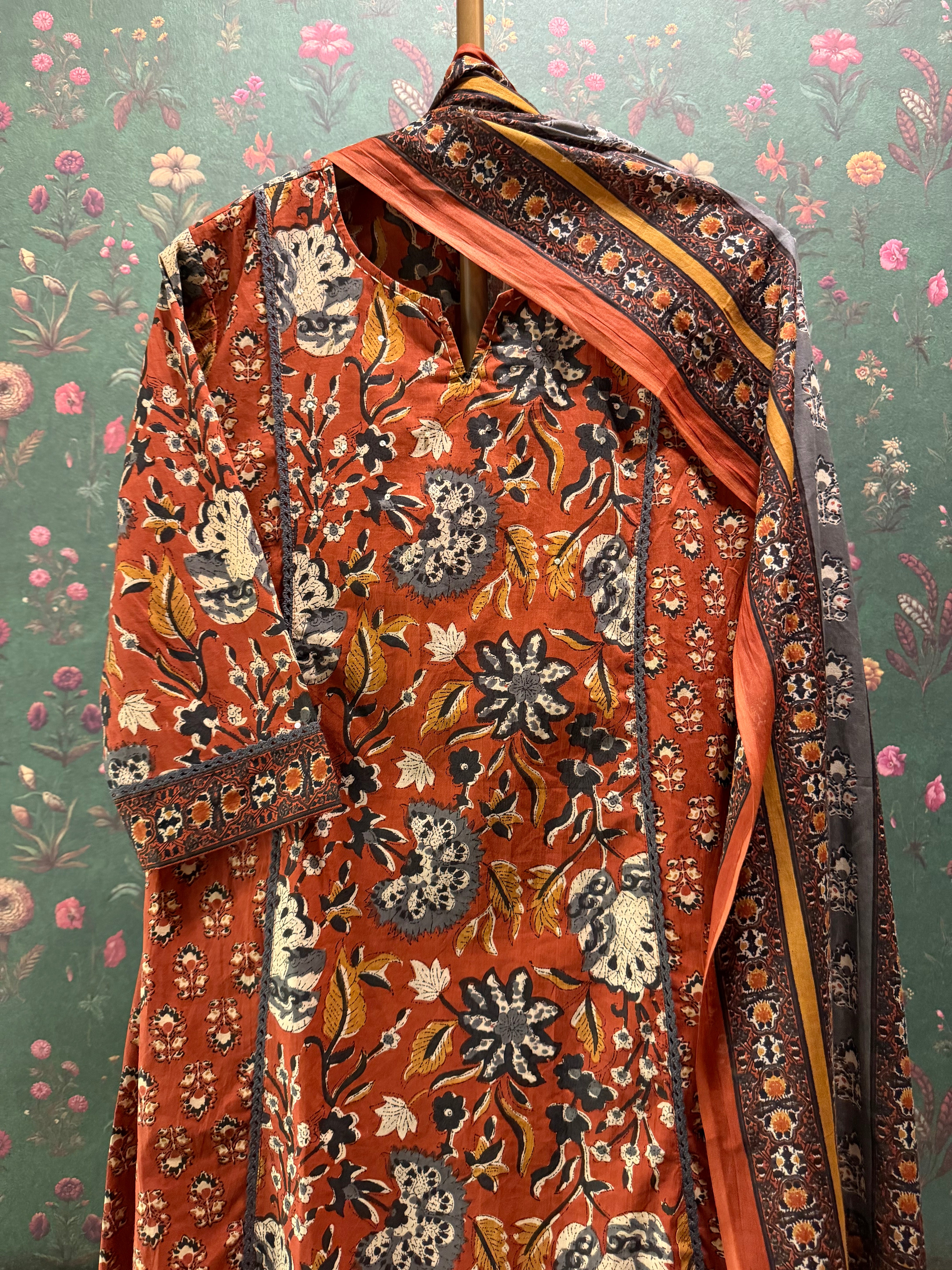 Burnt Saffron Orange Printed A-Line Cotton Suit Set | HER-713