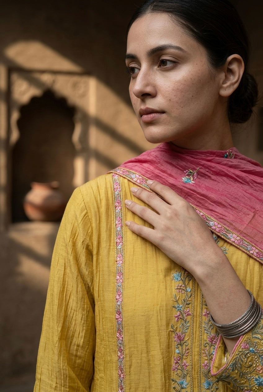 Mustard Yellow Mul-Chanderi Embroidered Suit Set | HER-780