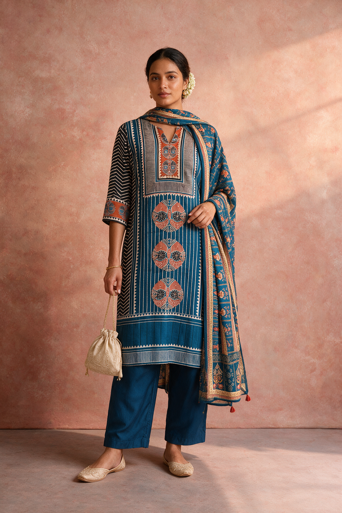 Indigo Motif Printed Muslin Suit Set