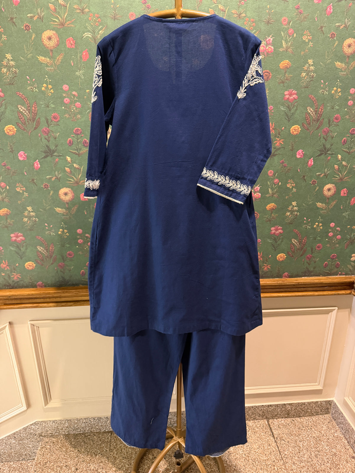 Navy Blue Pleated Embroidered Kurta Set