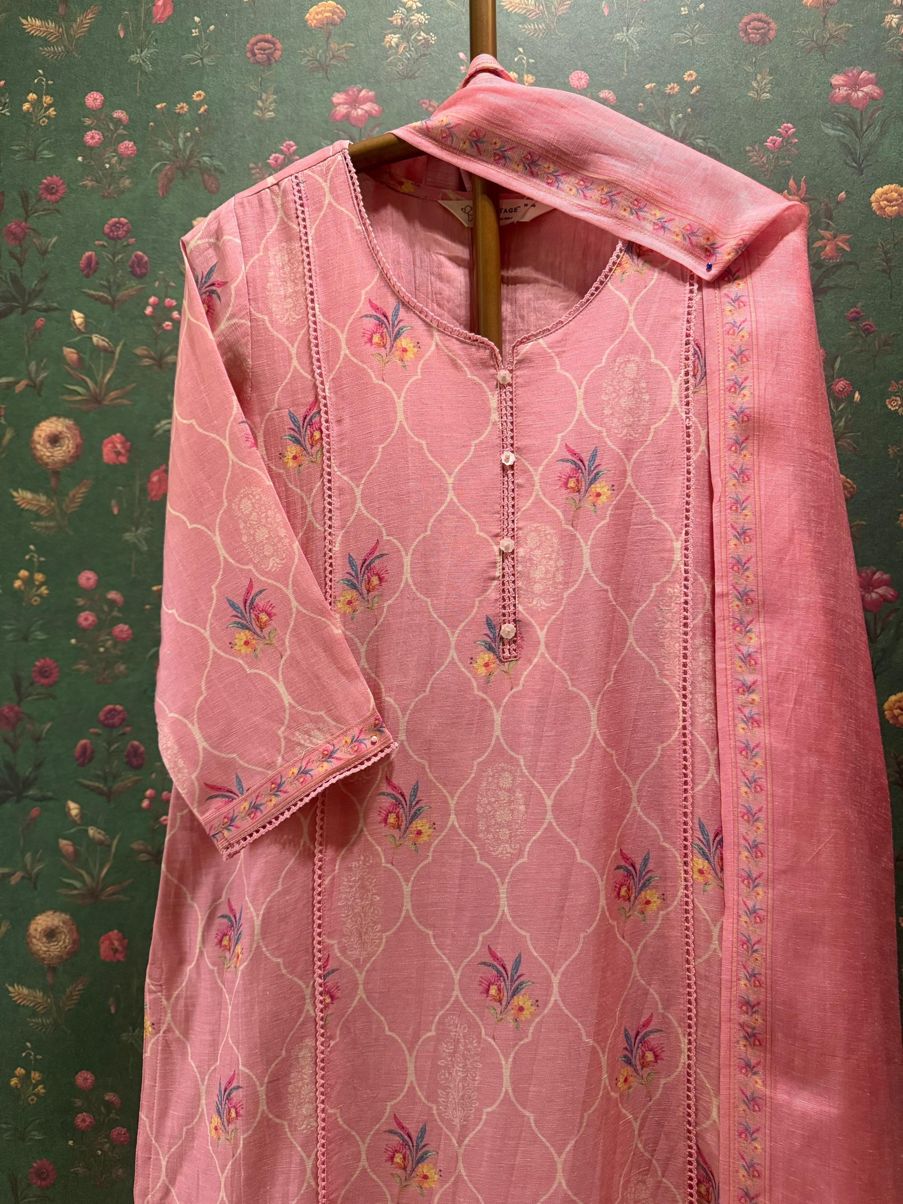 Blush Pink Printed Cotton Linen Suit Set | HER-769