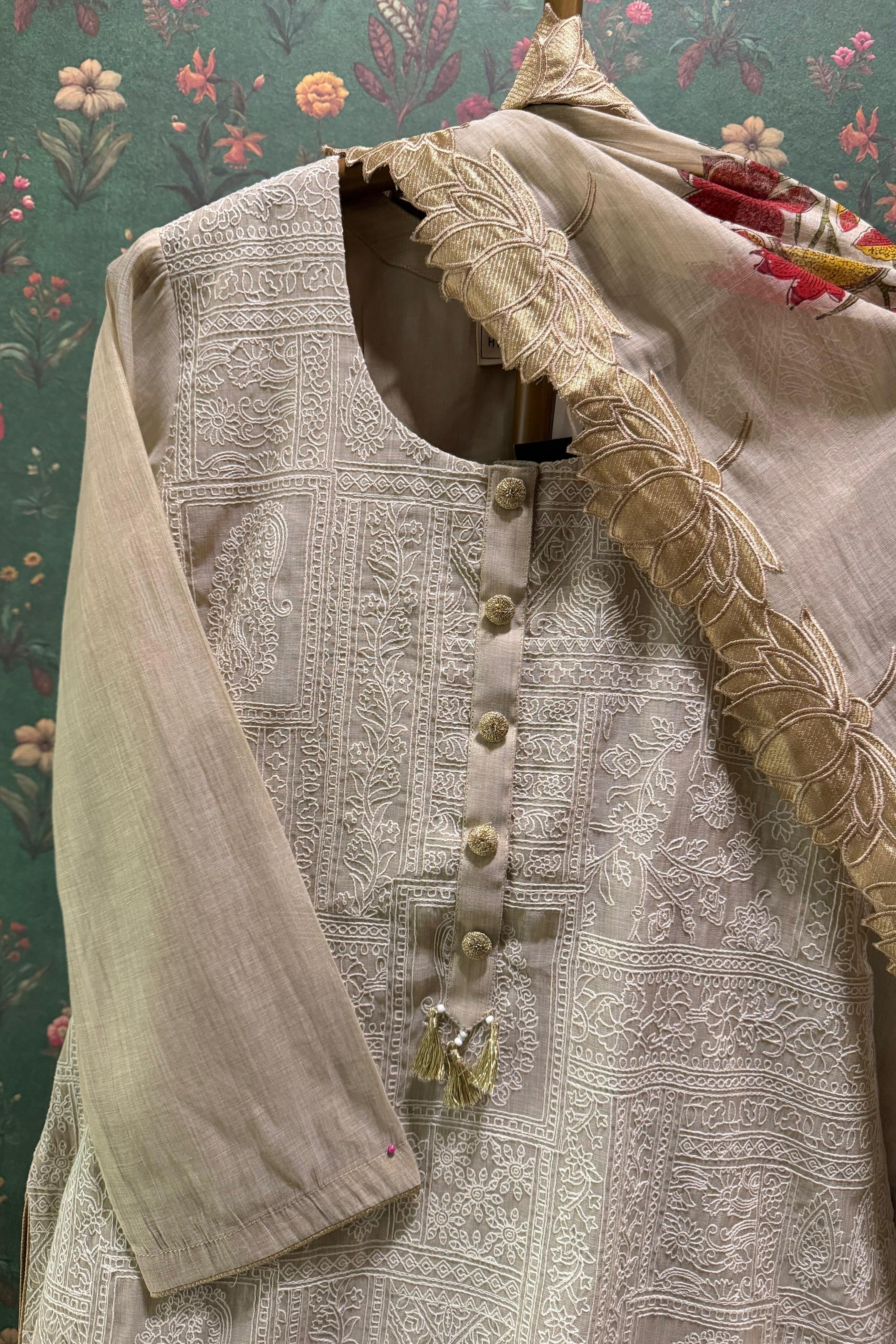 Warm Ivory Gulbahar Chanderi Suit Set | HER-609