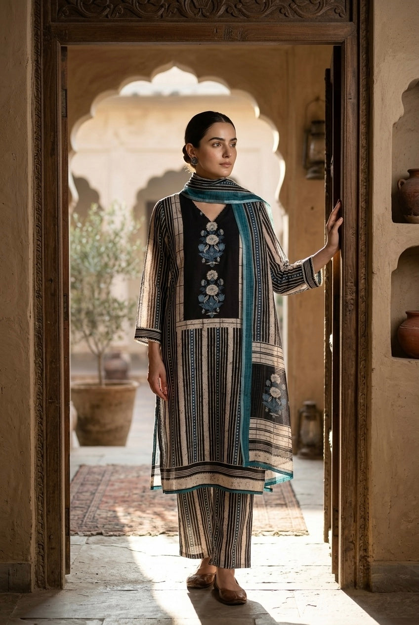 Blue Floral Printed Linen Suit Set | HER-644