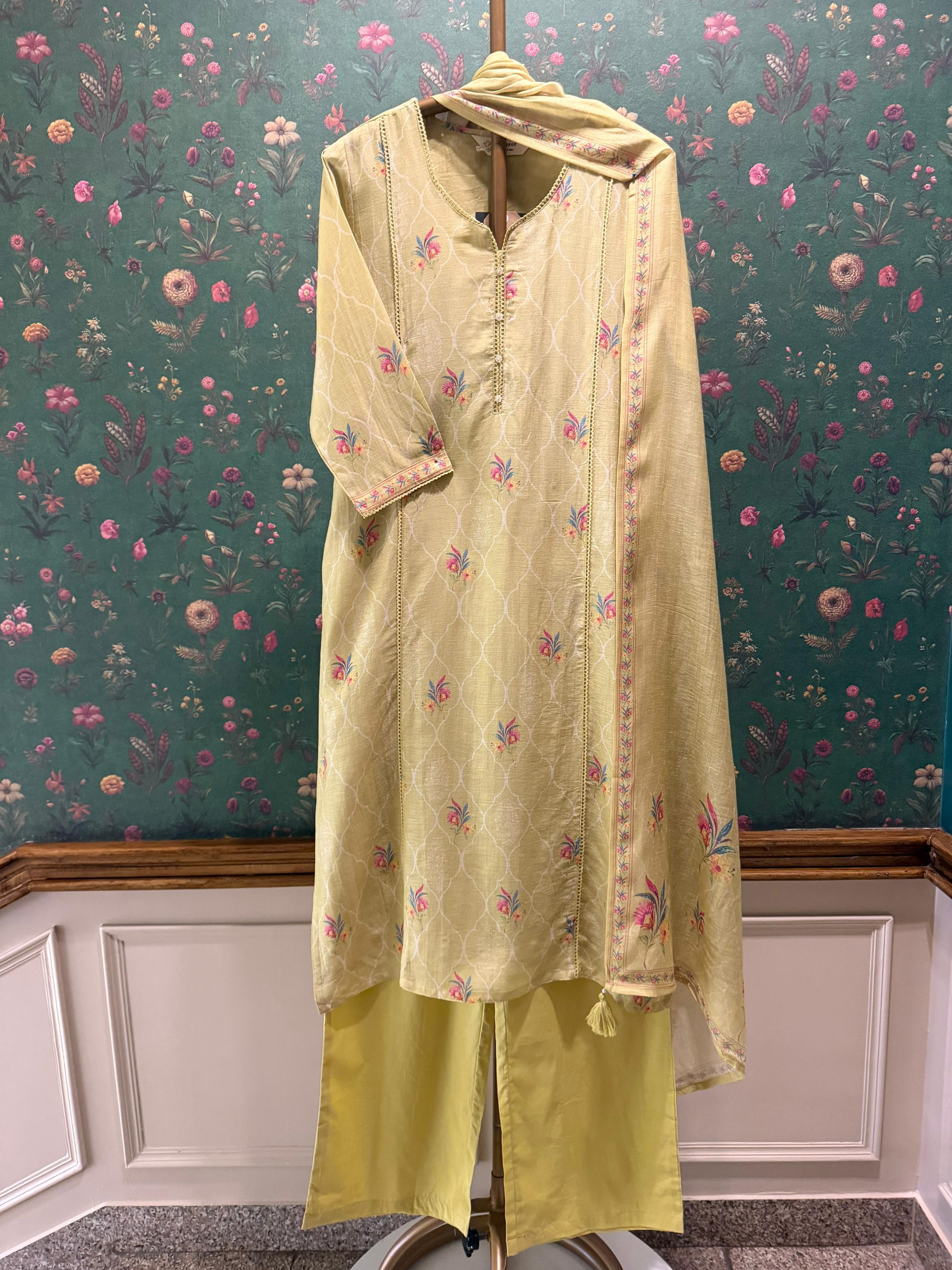 Lime Green Printed Cotton Linen Suit Set | HER-769
