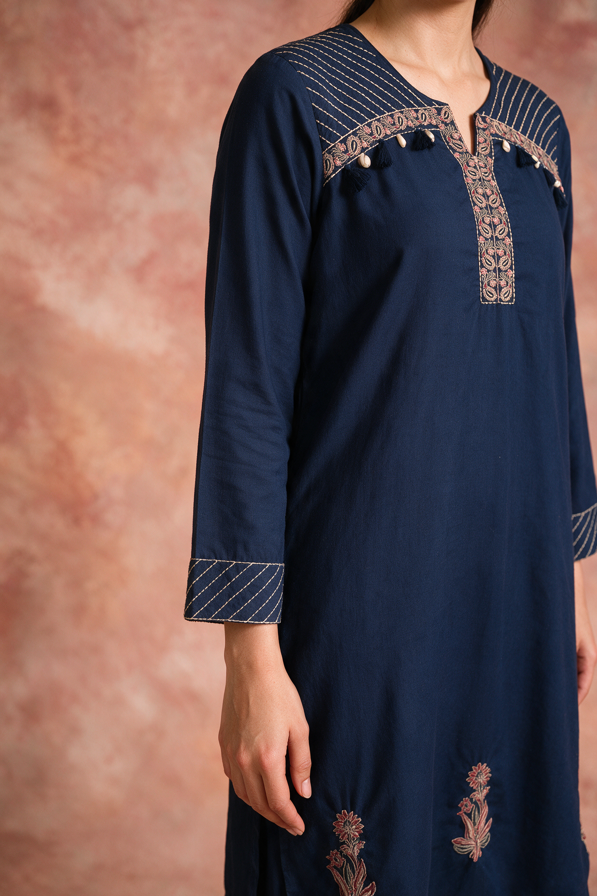 Navy Blue Embroidered Pure Cotton Suit Set