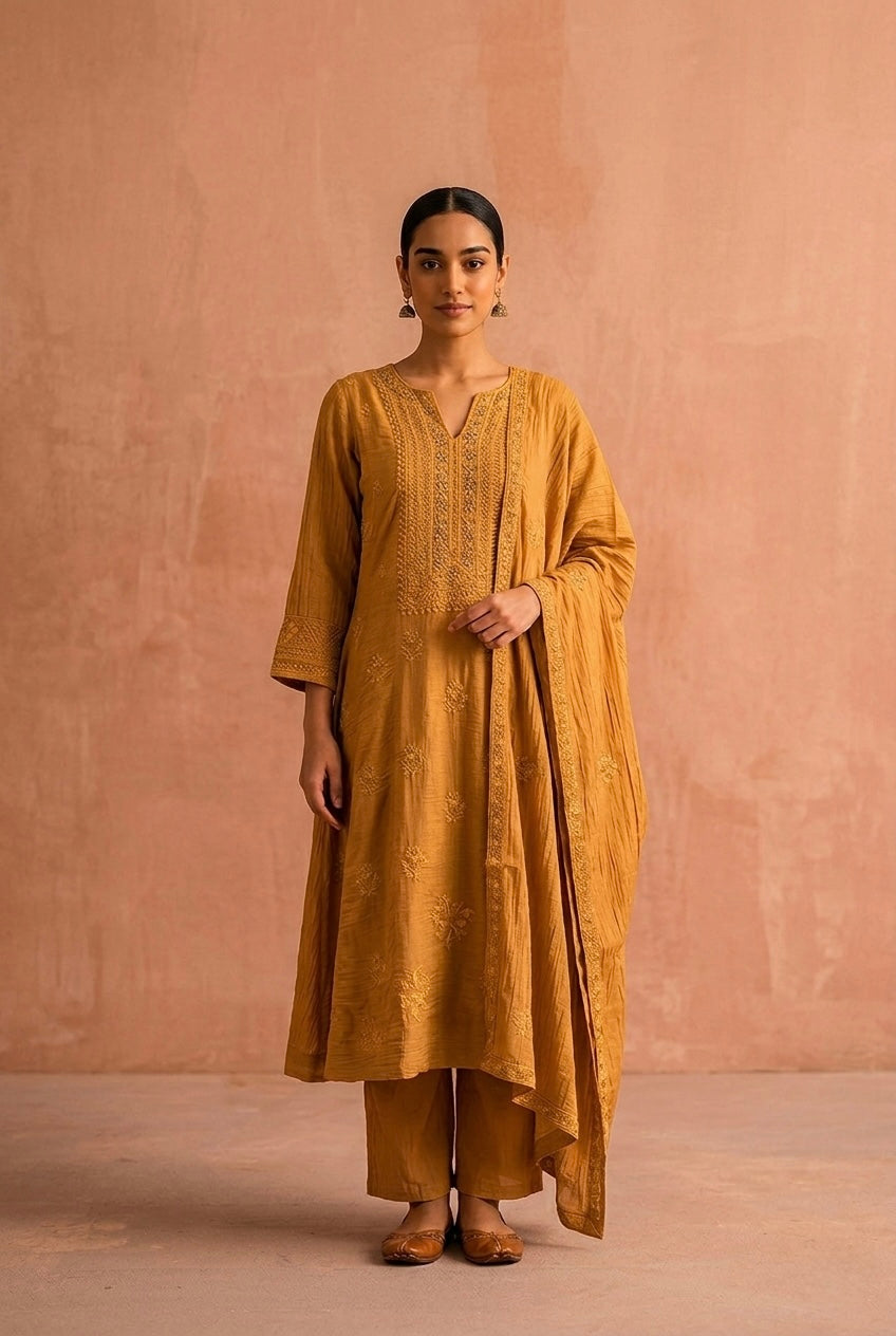Ochre Yellow Chikankari A-Line Mul Chanderi Suit Set | HER-626