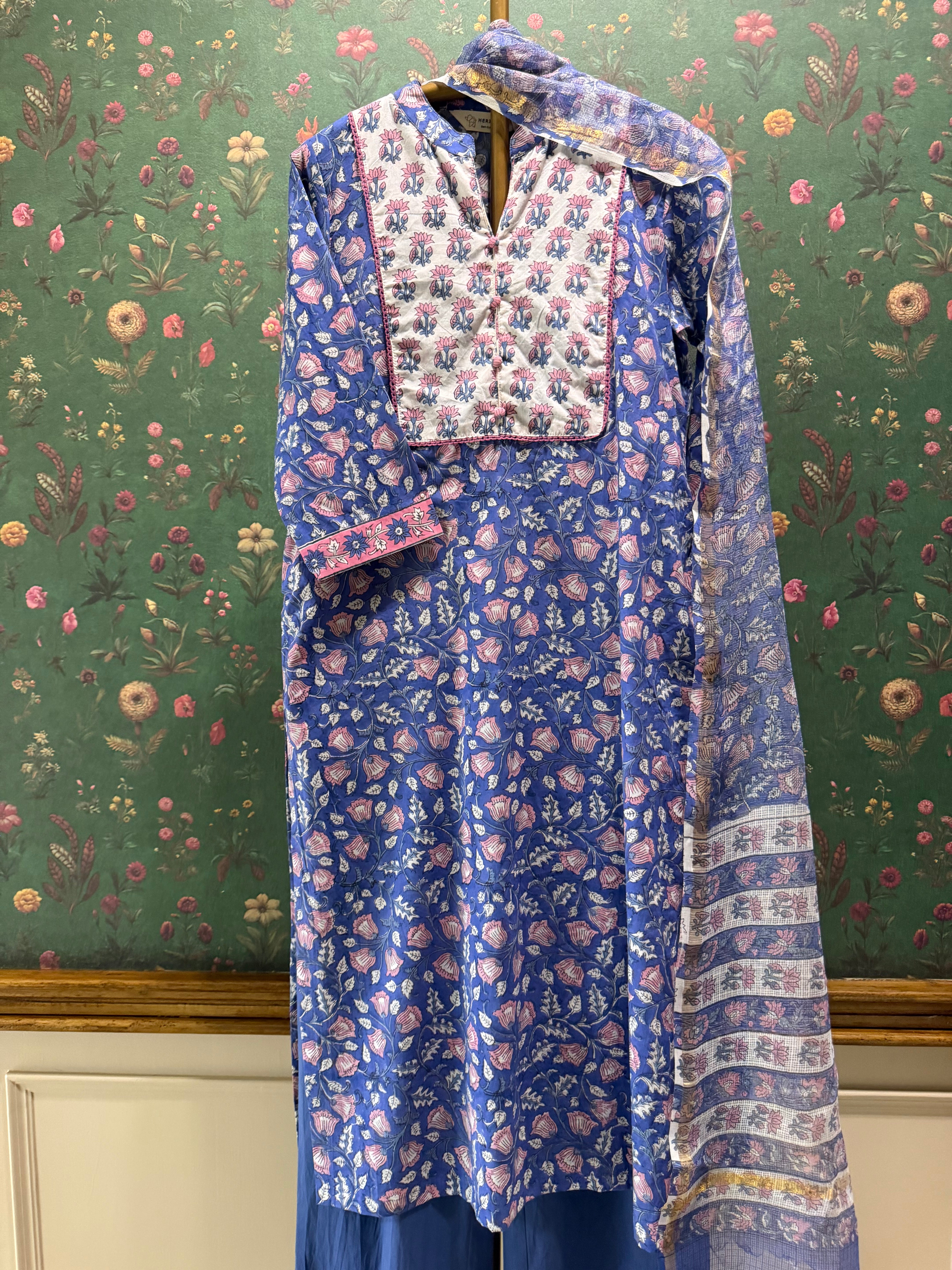 Blue Floral Printed Cotton Suit Set, with Kota Doria Dupatta | HER-753