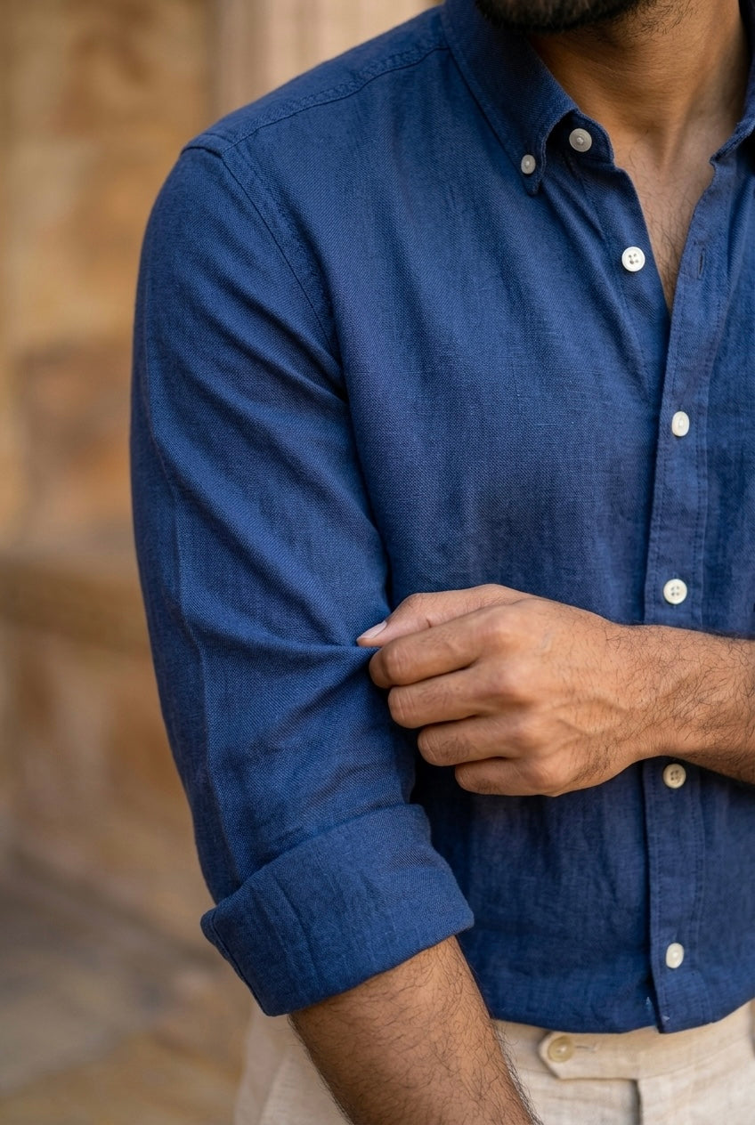 Deep Indigo Blue Men’s Pure Linen Full-Sleeves Shirt