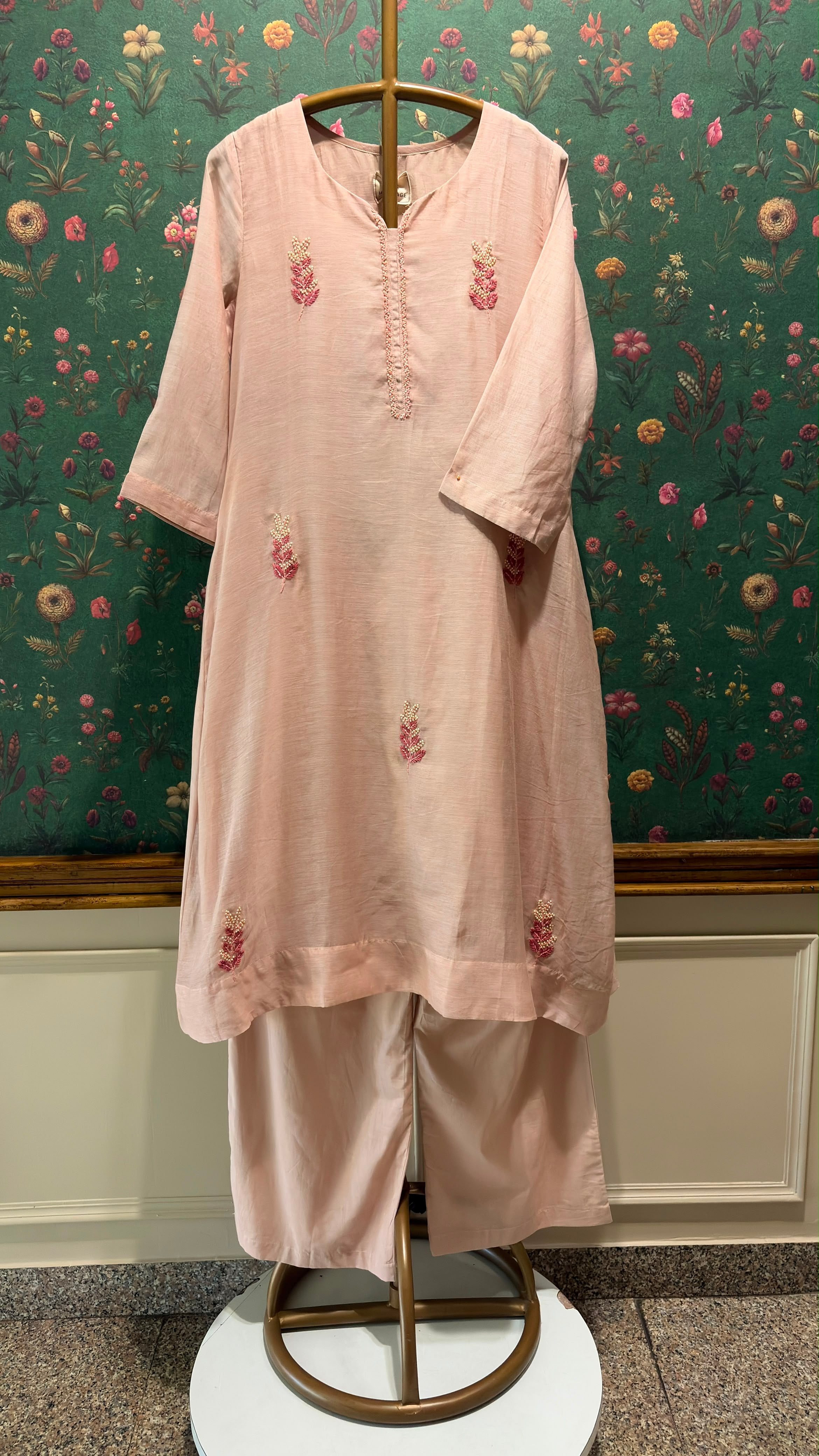 Blush Peach Pearl Embroidered Mul Chanderi A-Line Suit Set