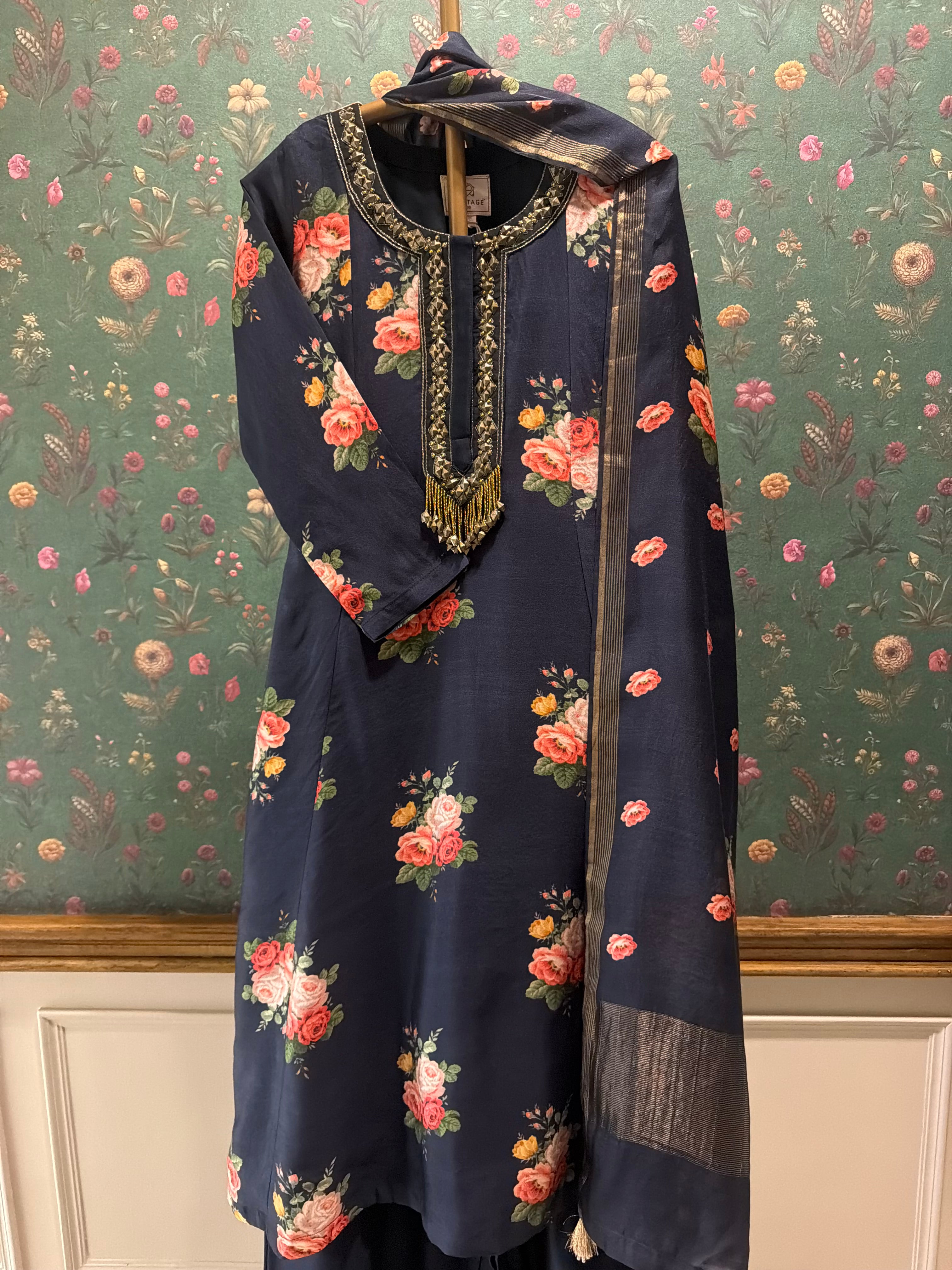 Twilight Black Floral Chanderi A-Line Suit Set x Celina | HER-607