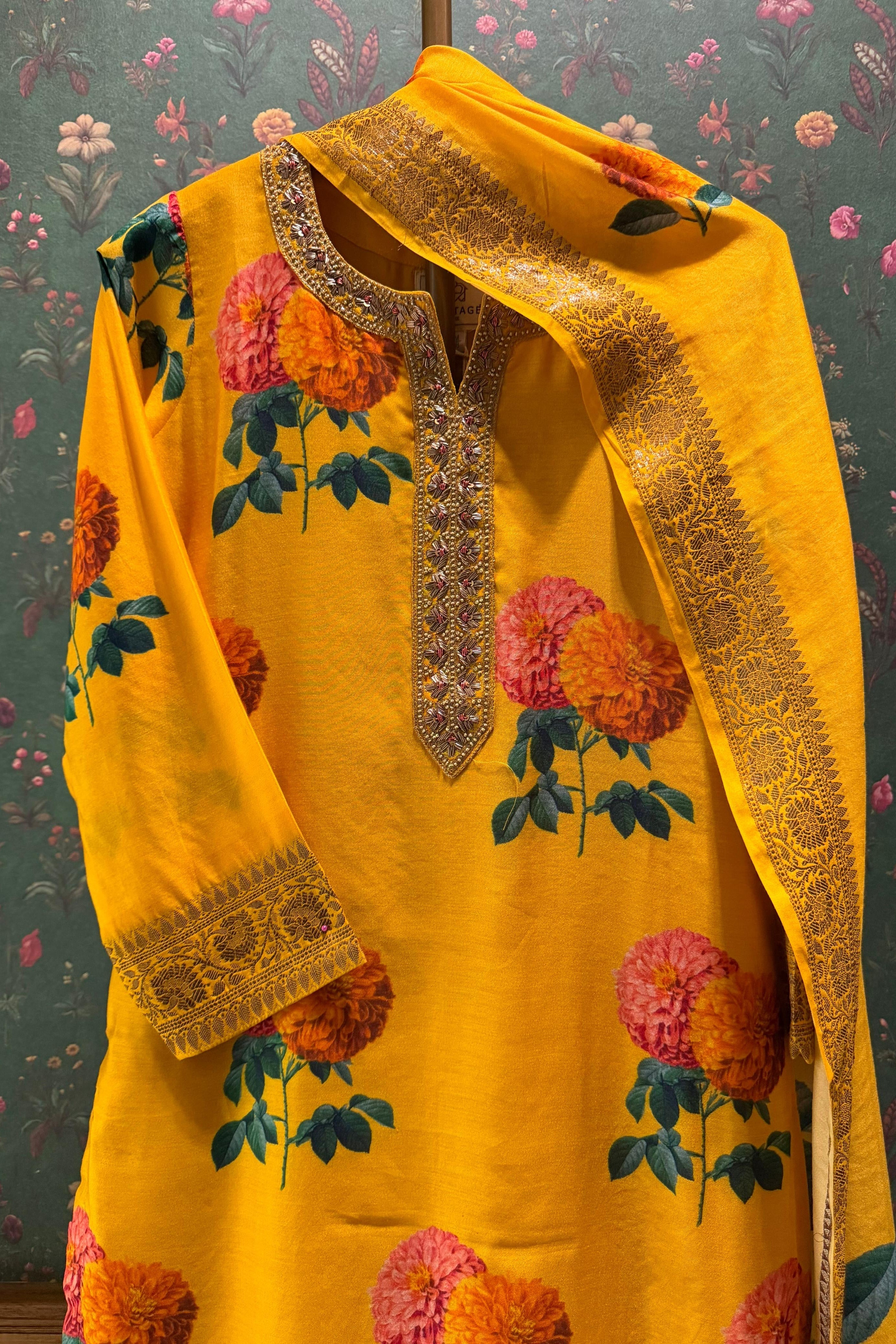 Yellow Floral Chanderi Suit Set | HER-608