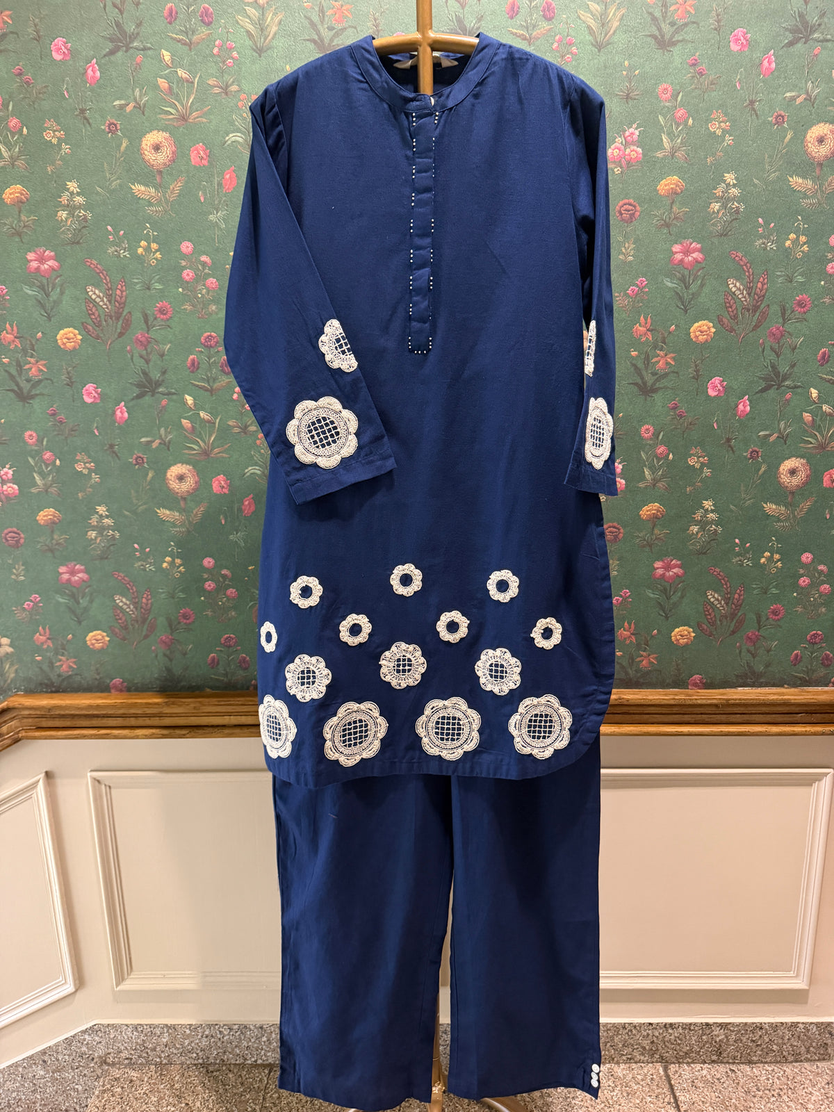 Navy Blue Appliqué Khadi Cotton Kurta/Co-ord Set
