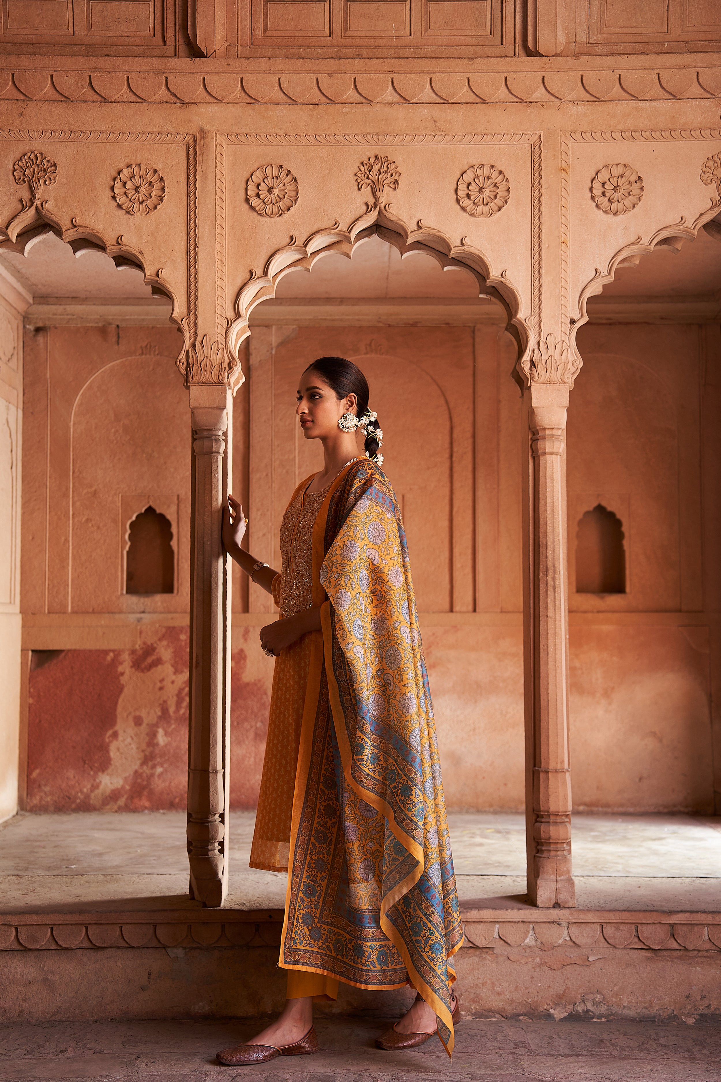 Mustard Chanderi Embroidered Suit Set