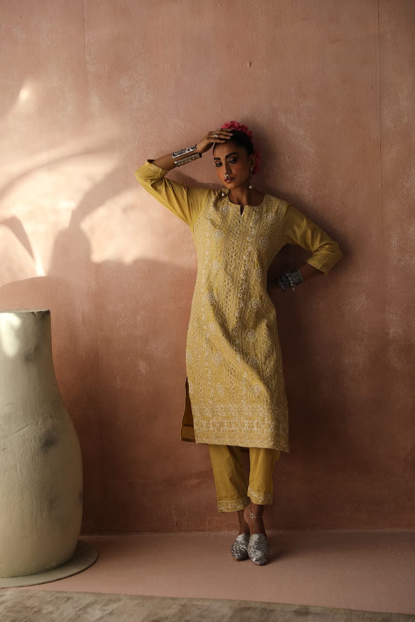 Yellow Chikankari Kurta/Co-ord Set | HER-258