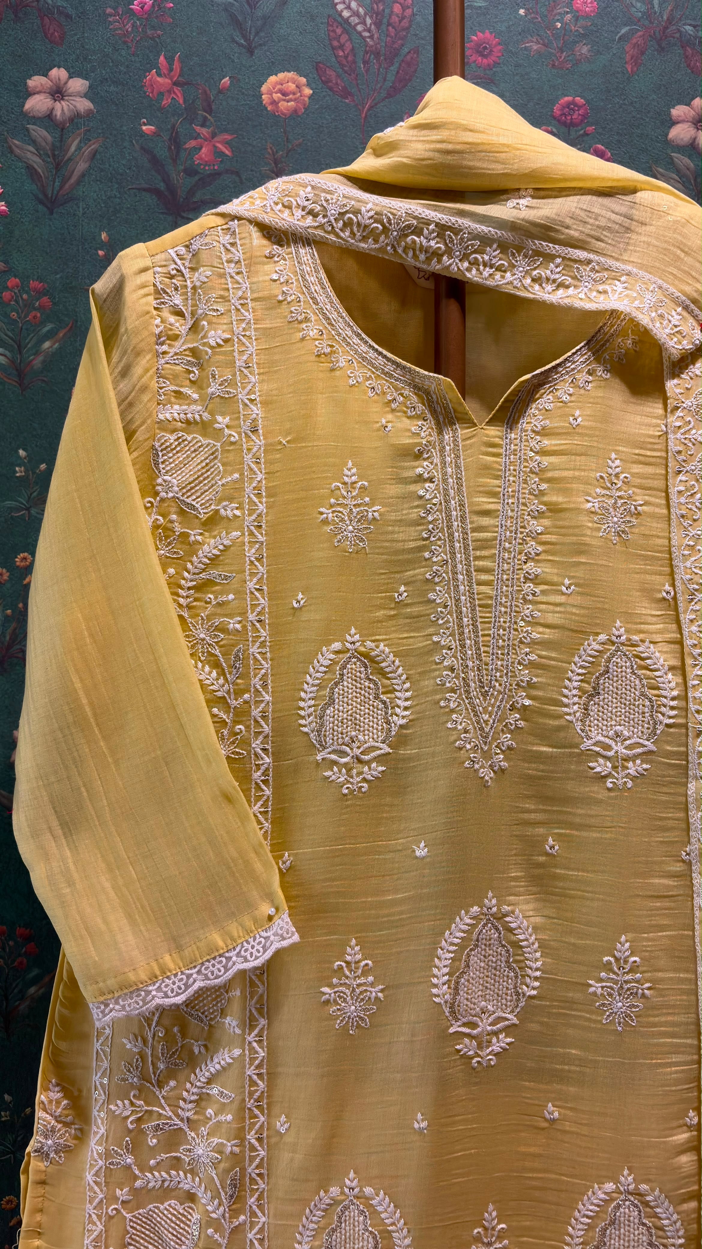 Pastel Yellow Embroidered Mul-Chanderi Suit Set | HER-788
