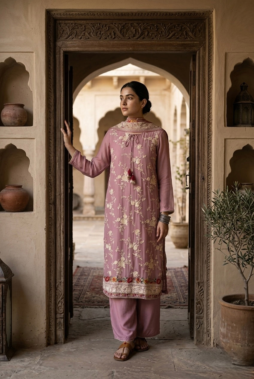 Dusty Rose Floral Embroidered Georgette Suit Set