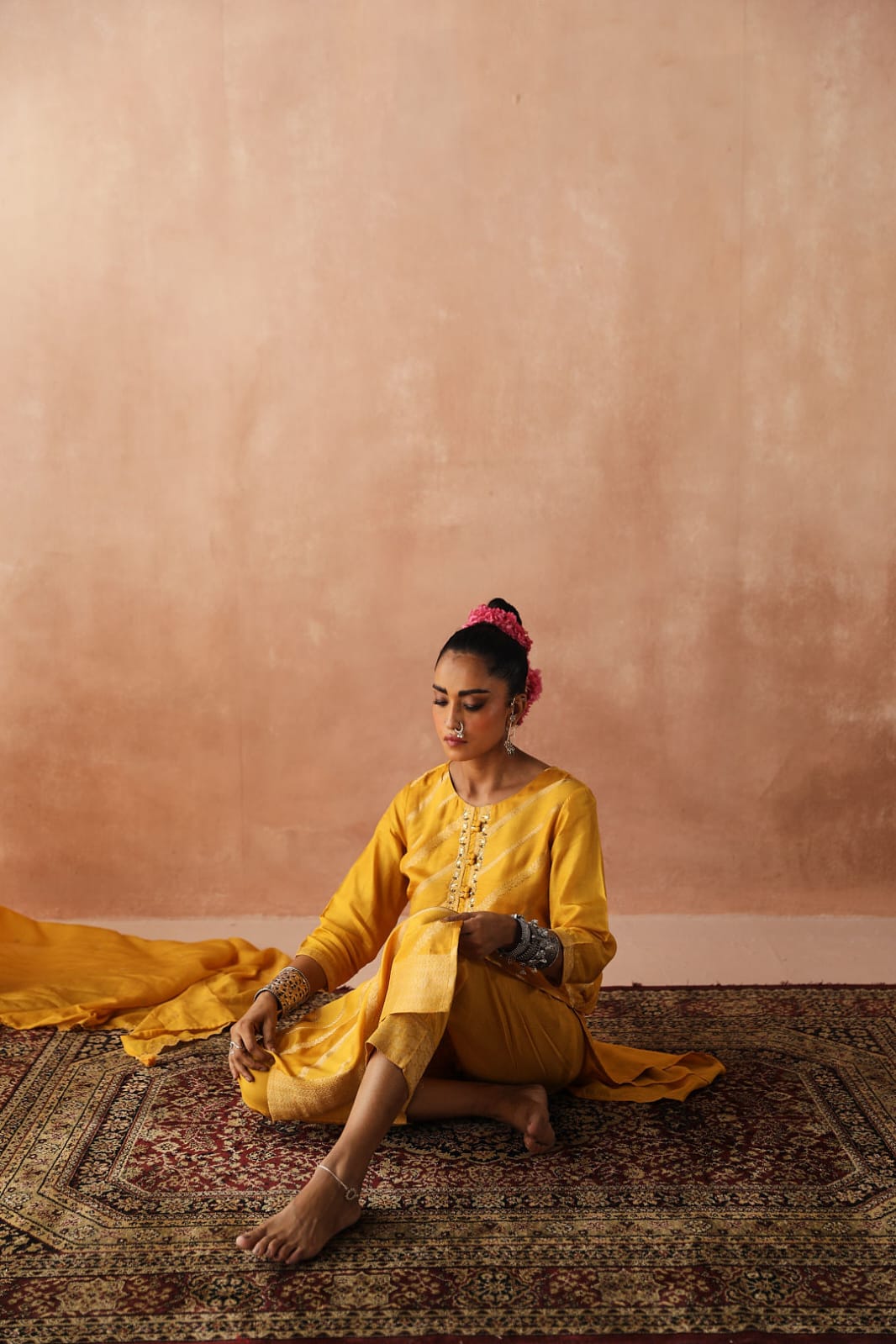 Yellow Zari Weaved Jacquard Suit Set
