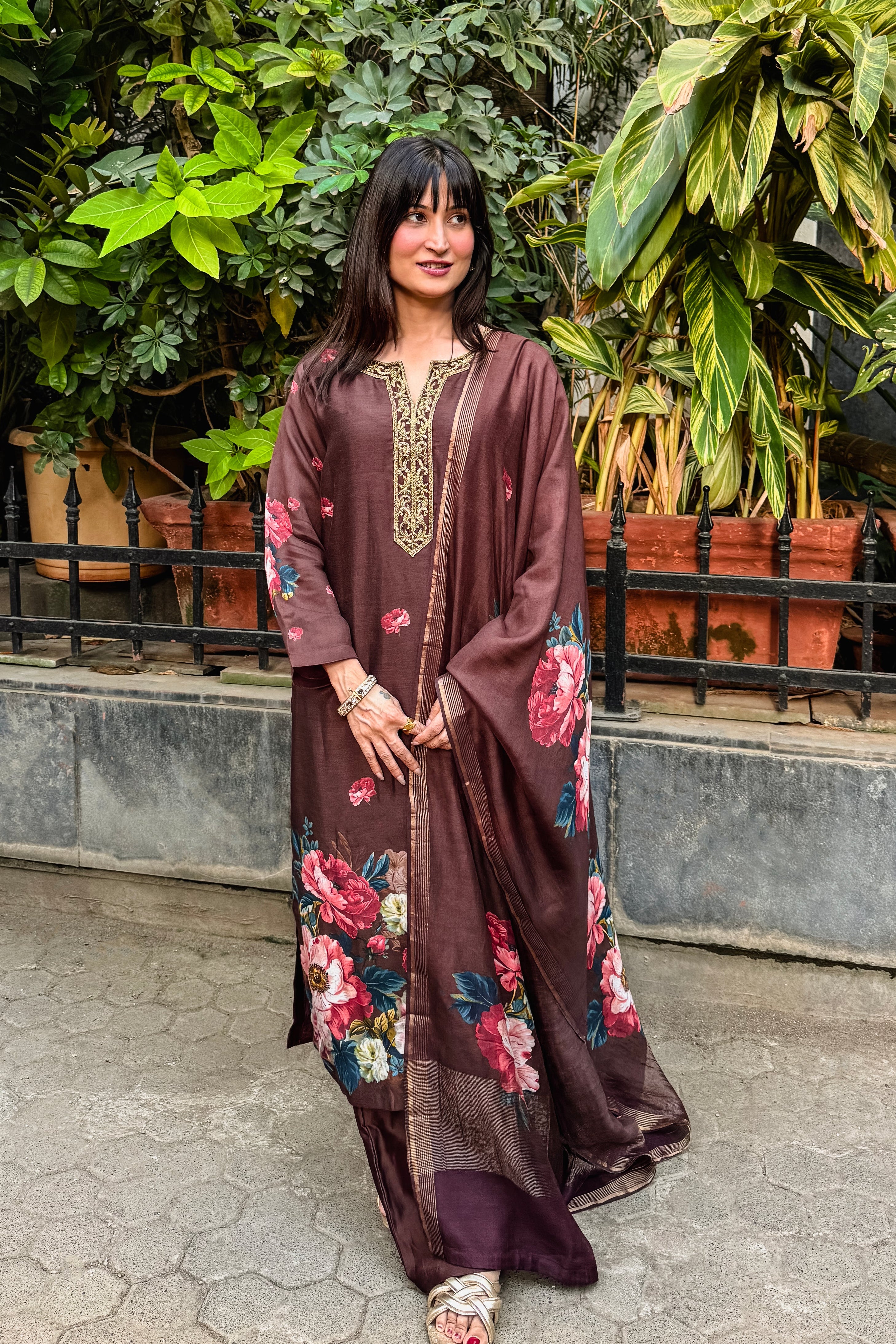 Noorbagh Deep Cocoa Brown Chanderi Suit Set x Noorin Sha | HER-603