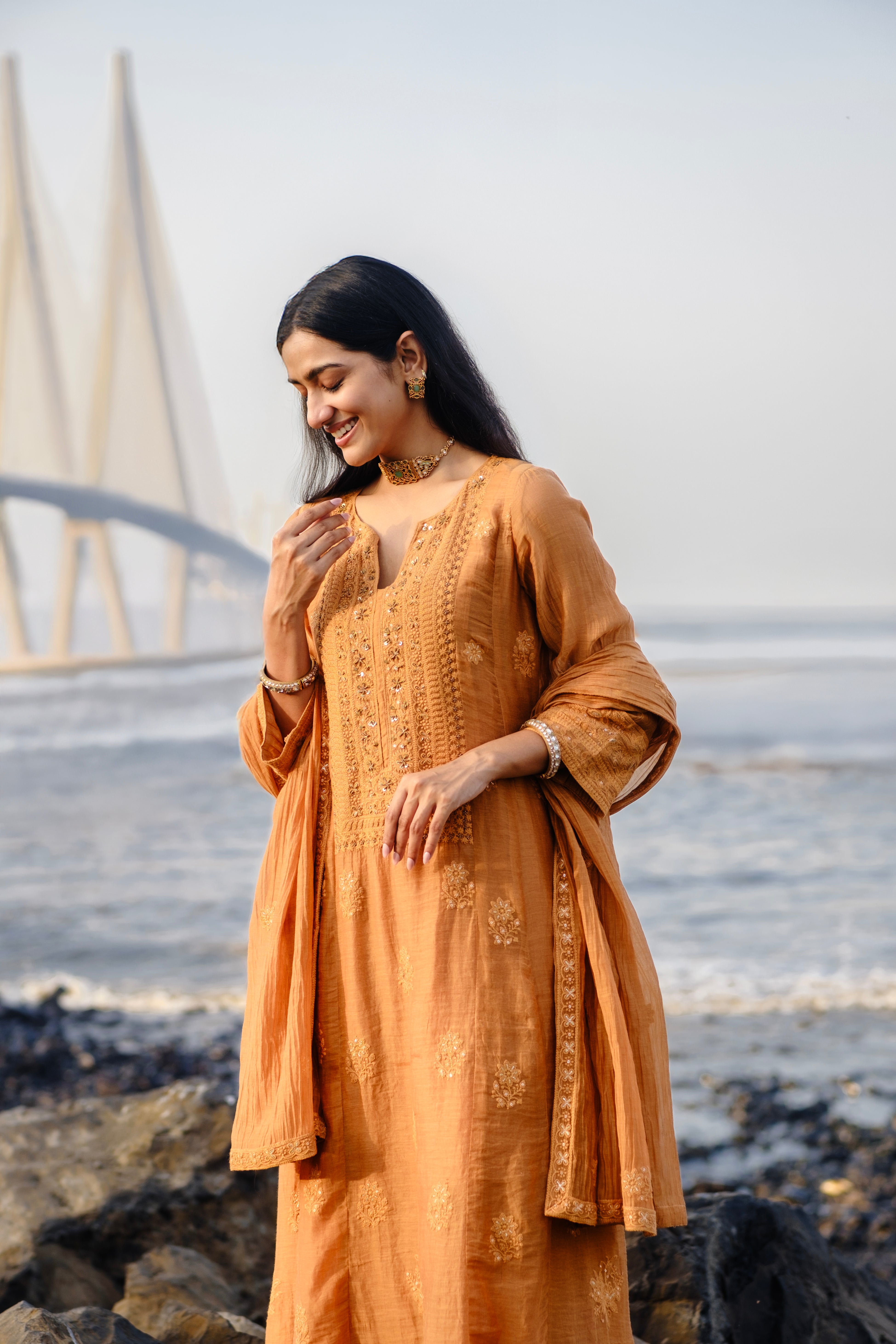 Ochre Yellow Chikankari A-Line Mul Chanderi Suit Set | HER-626