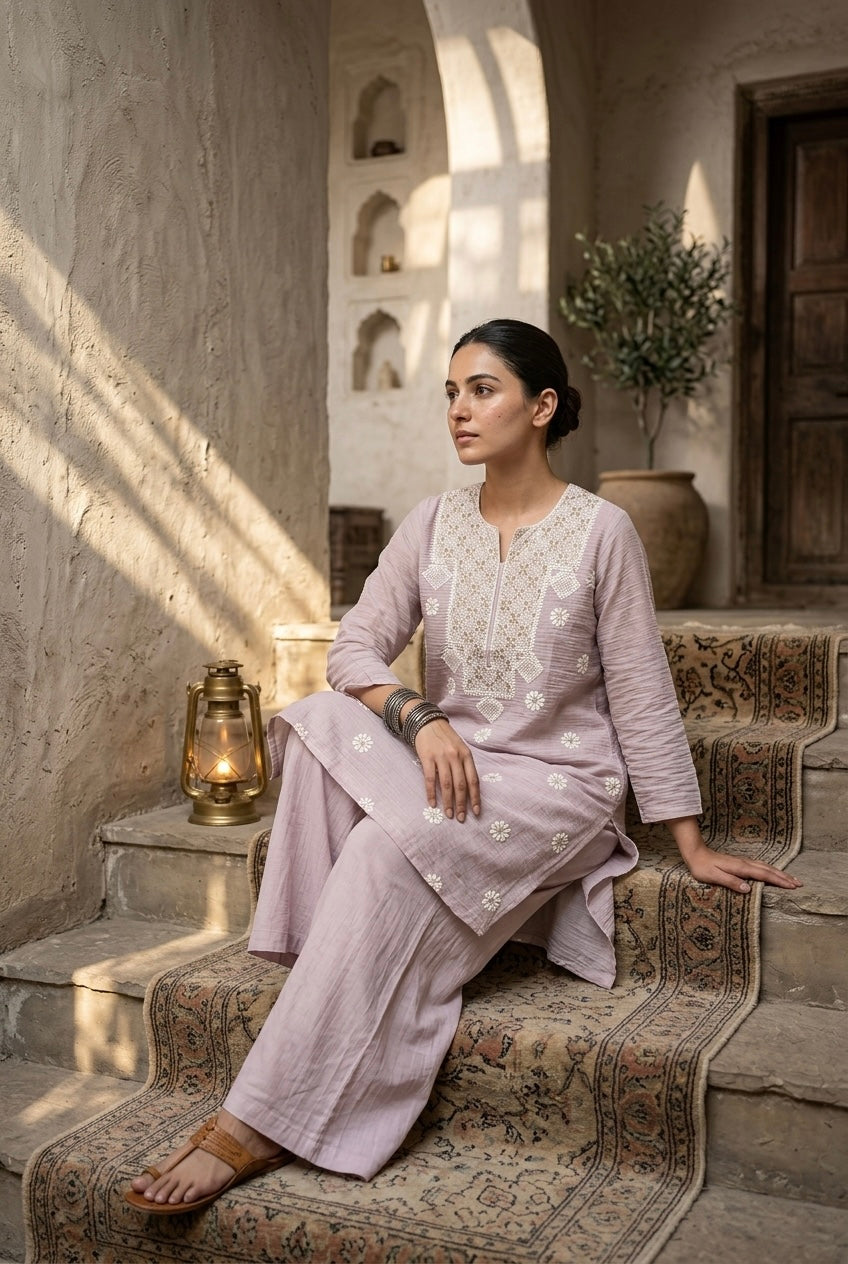 Soft Mauve Mul-Chanderi Kurta/Co-ord Set