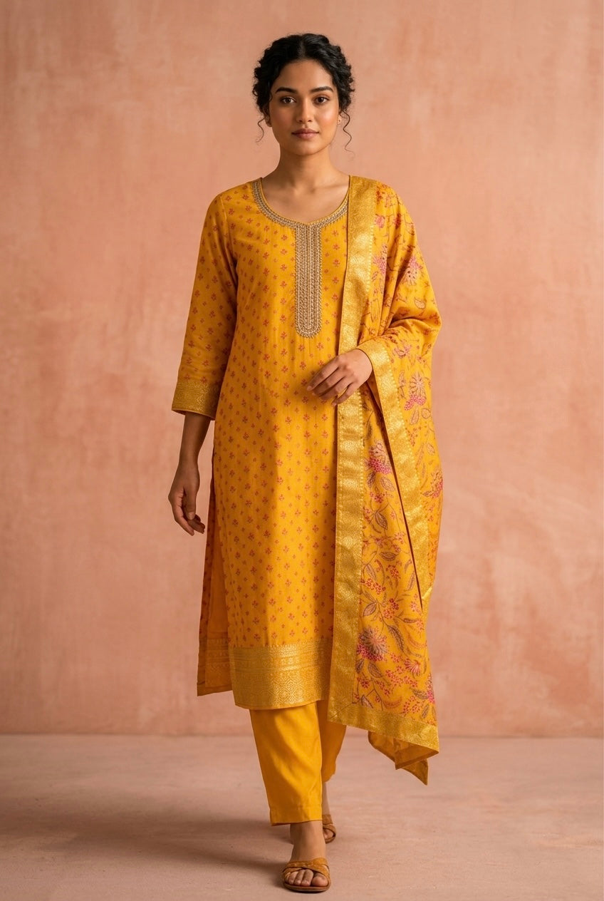 Kanika Mustard Yellow Banarasi Suit Set | HER-557