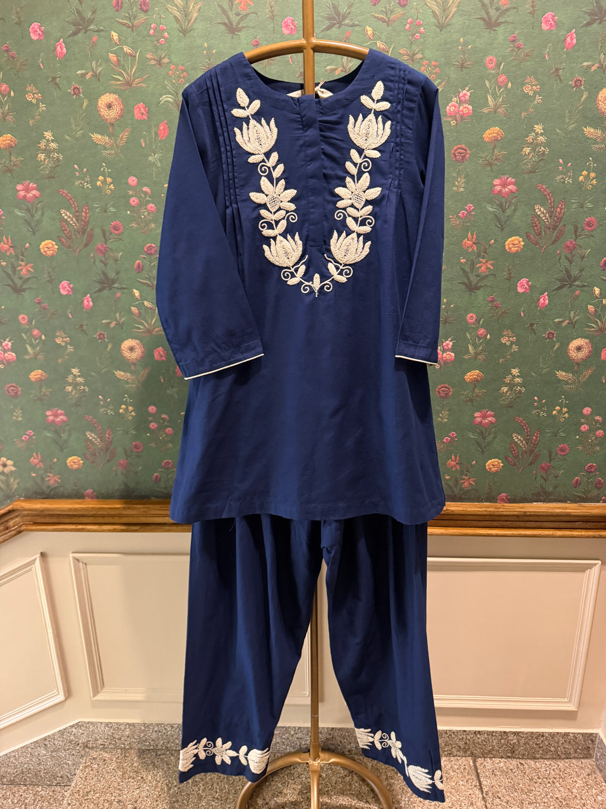 Navy Blue Lotus Embroidered Kurta Set